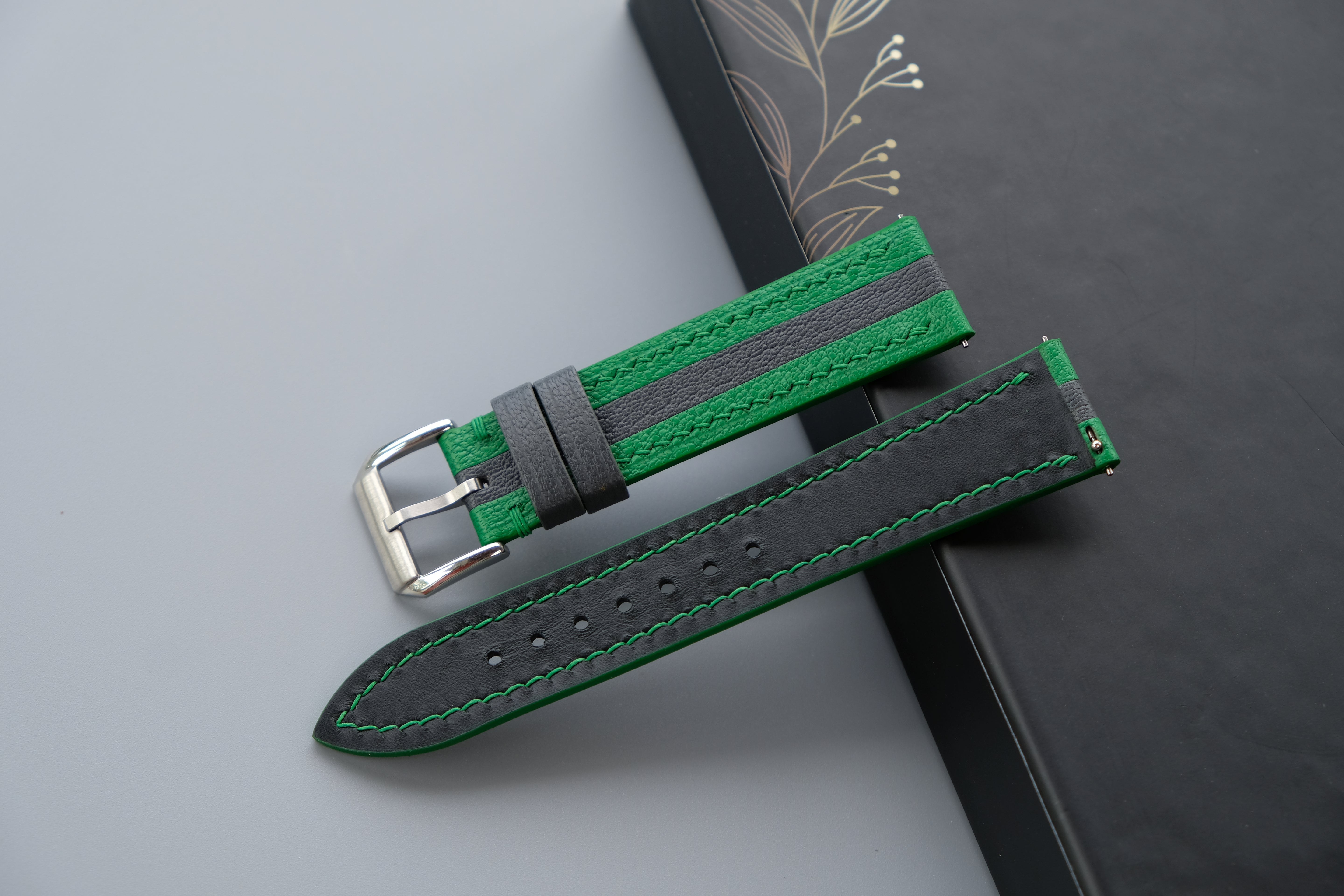 Green and Charcoal Gray Mix Watch Strap | Handmade Goat Leather | Chevre Sully French Leather | Custom Sizes 26mm–16mm