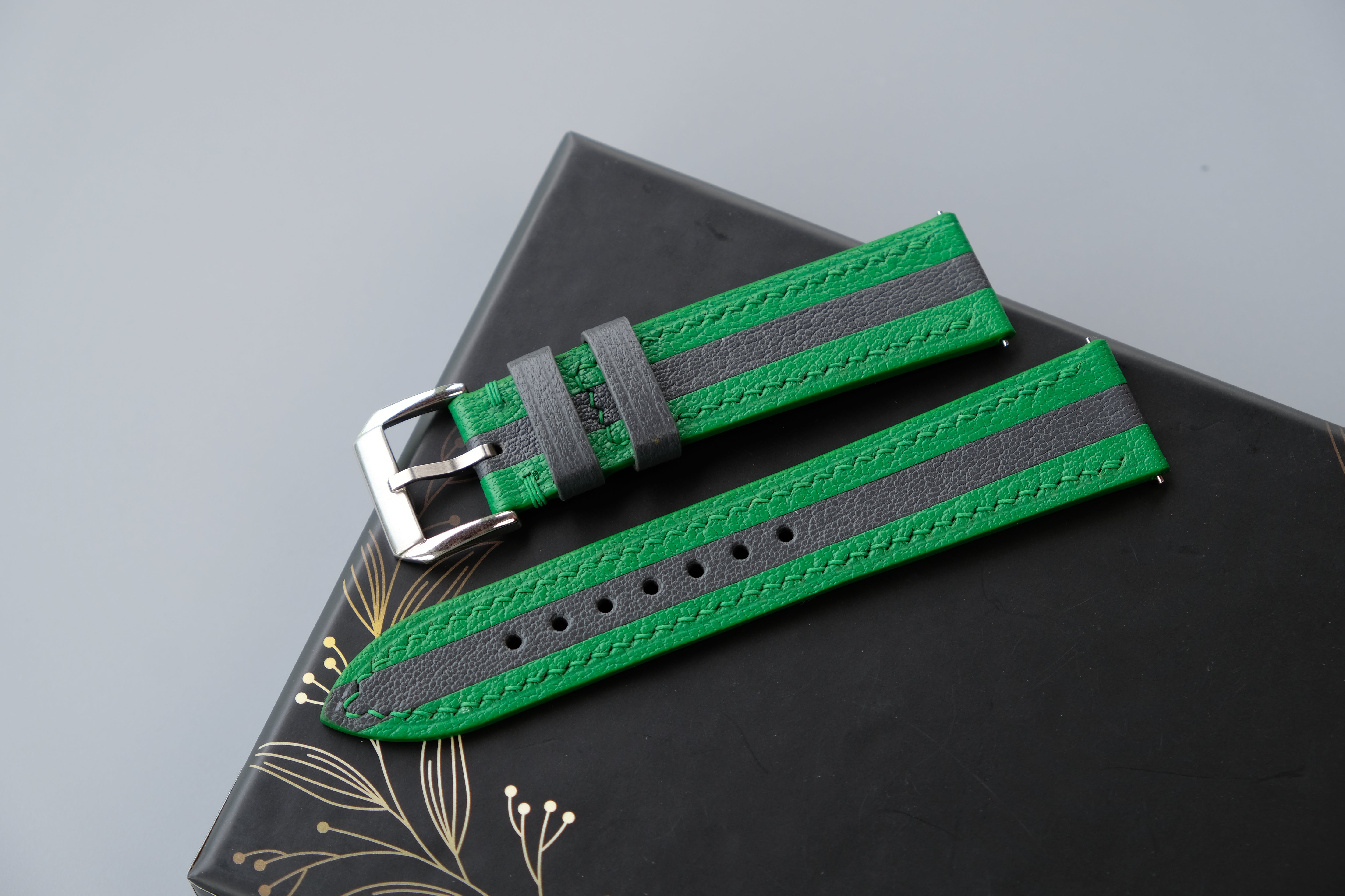Green and Charcoal Gray Mix Watch Strap | Handmade Goat Leather | Chevre Sully French Leather | Custom Sizes 26mm–16mm