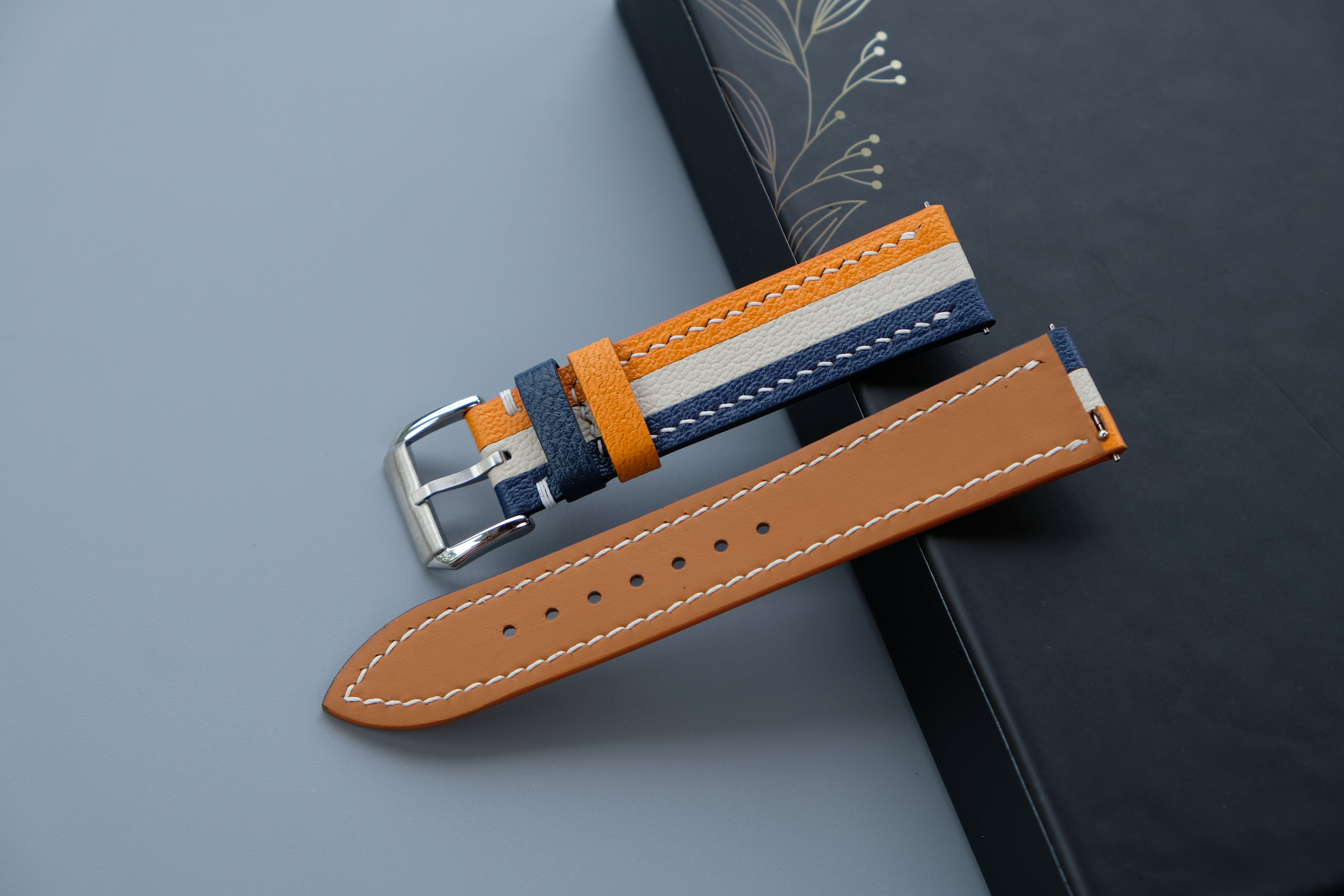 Triple-Tone Orange, Navy and Cream Watch Strap | Handmade Goat Leather | Chevre Sully French Leather | Custom Sizes 26mm–16mm