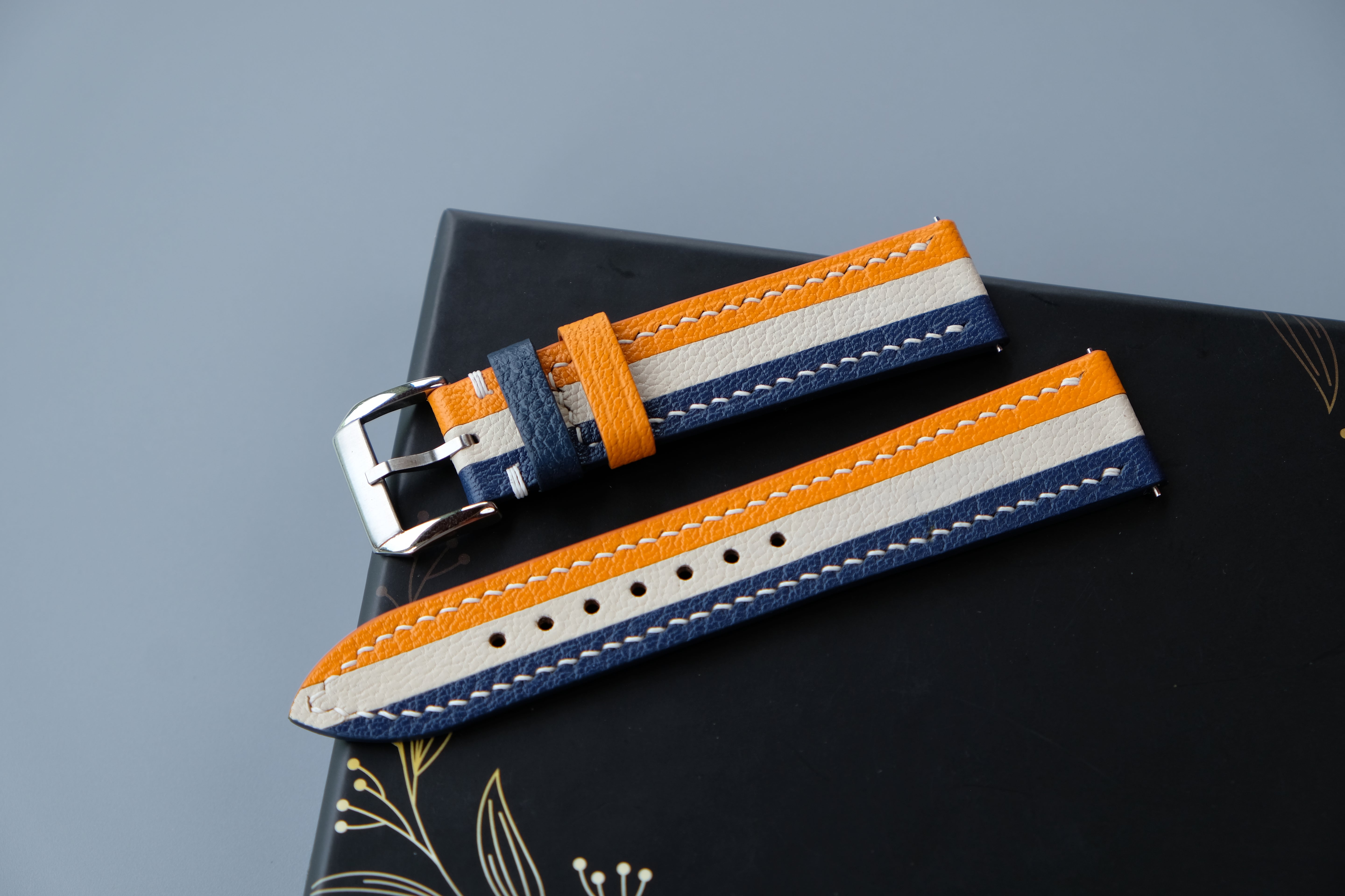 Triple-Tone Orange, Navy and Cream Watch Strap | Handmade Goat Leather | Chevre Sully French Leather | Custom Sizes 26mm–16mm