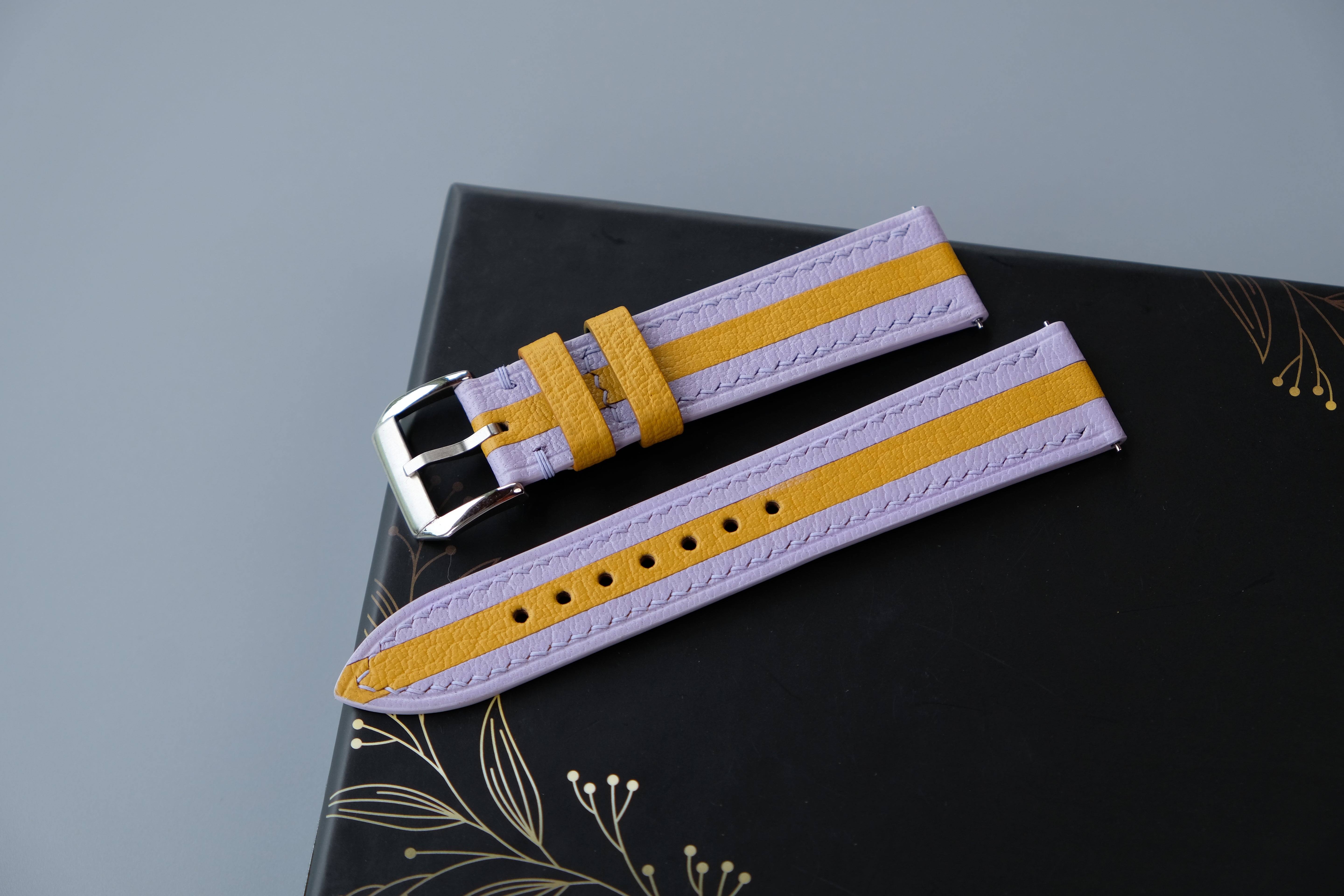 Two-Tone Lavender and Yellow Leather Watch Strap | Chevre Sully French Leather | Handmade | Custom Sizes 26mm–16mm