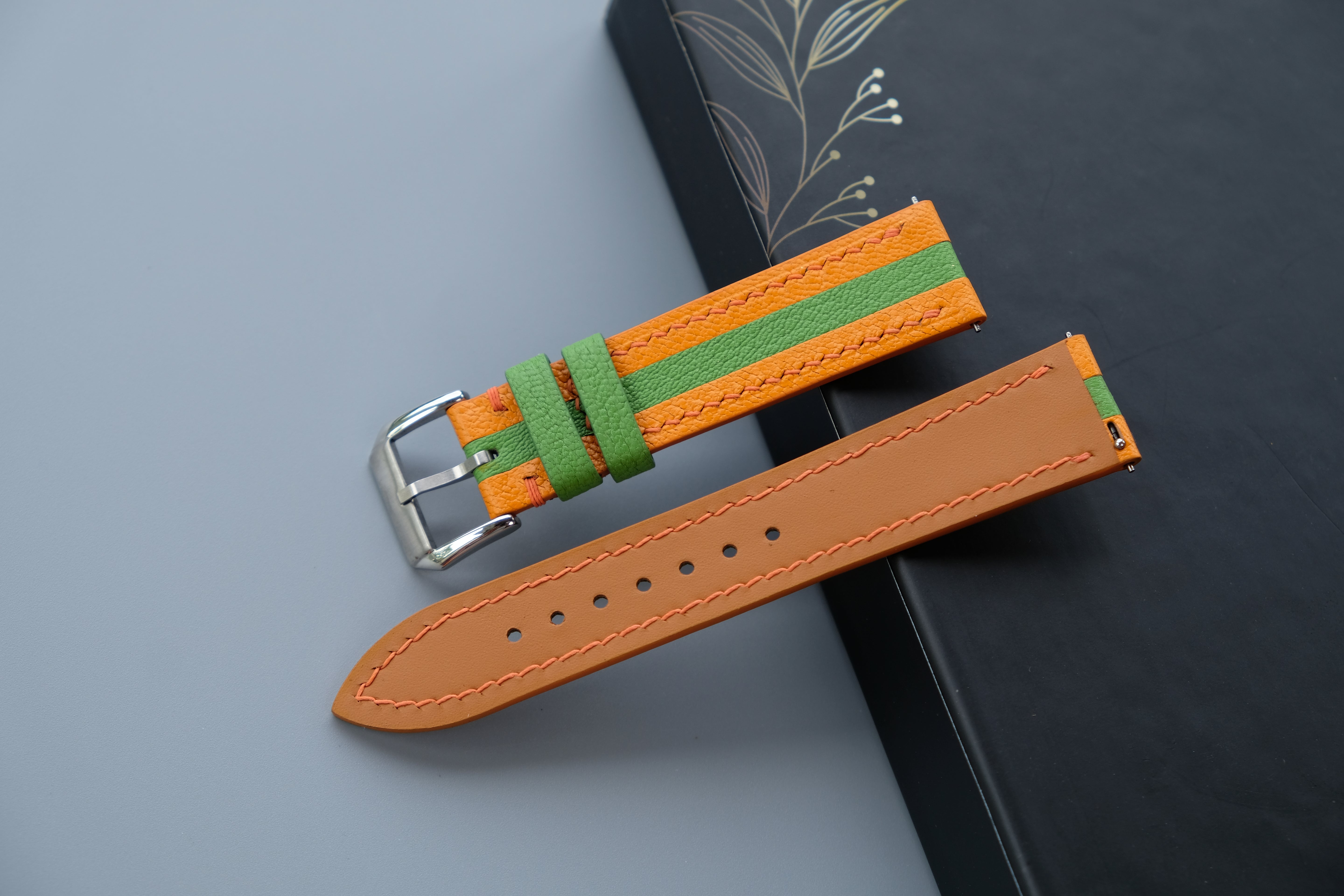 Two-Tone Orange And Lime Green Leather Watch Strap | Chevre Sully French Leather | Handmade | Custom Sizes 26mm–16mm