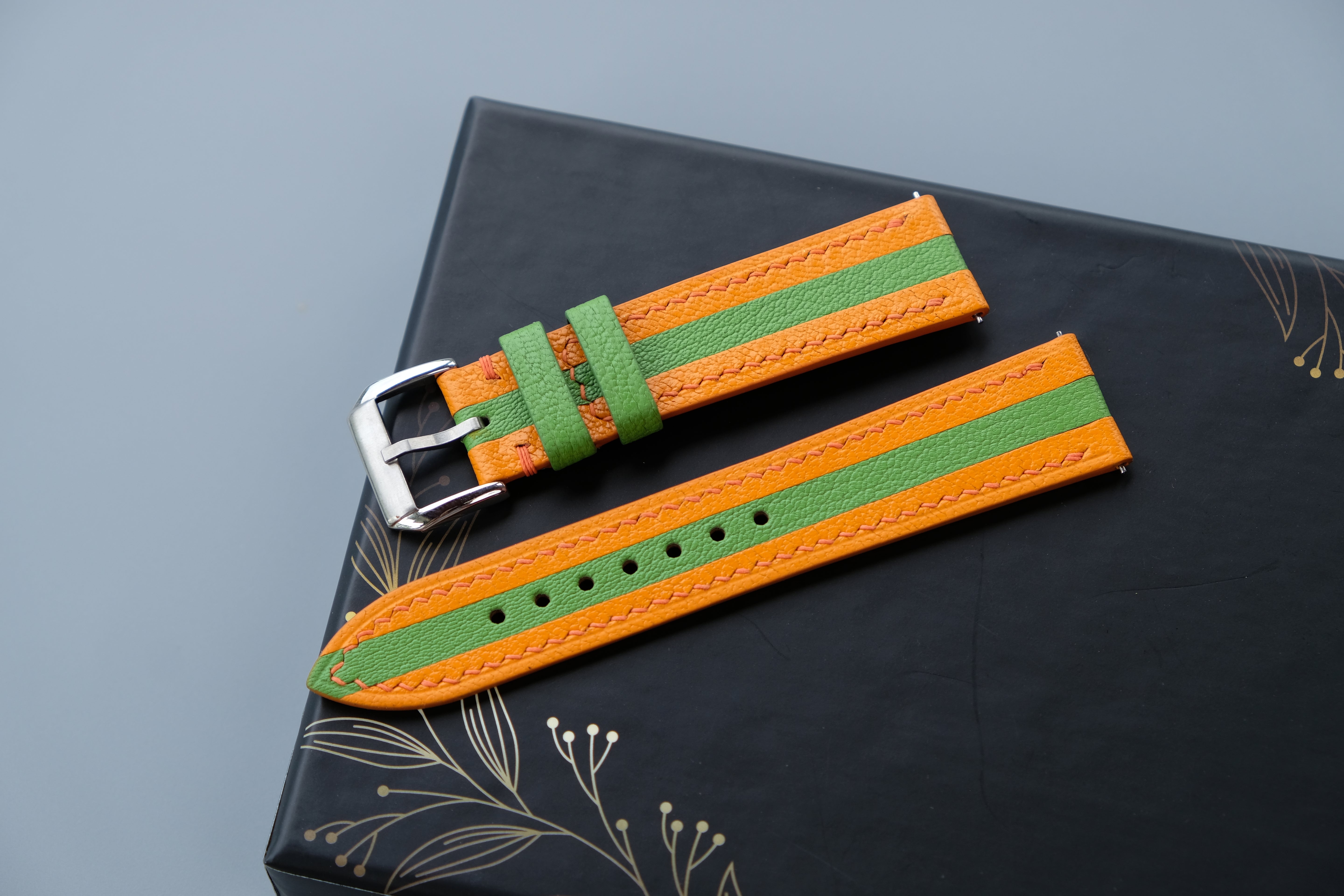 Two-Tone Orange And Lime Green Leather Watch Strap | Chevre Sully French Leather | Handmade | Custom Sizes 26mm–16mm
