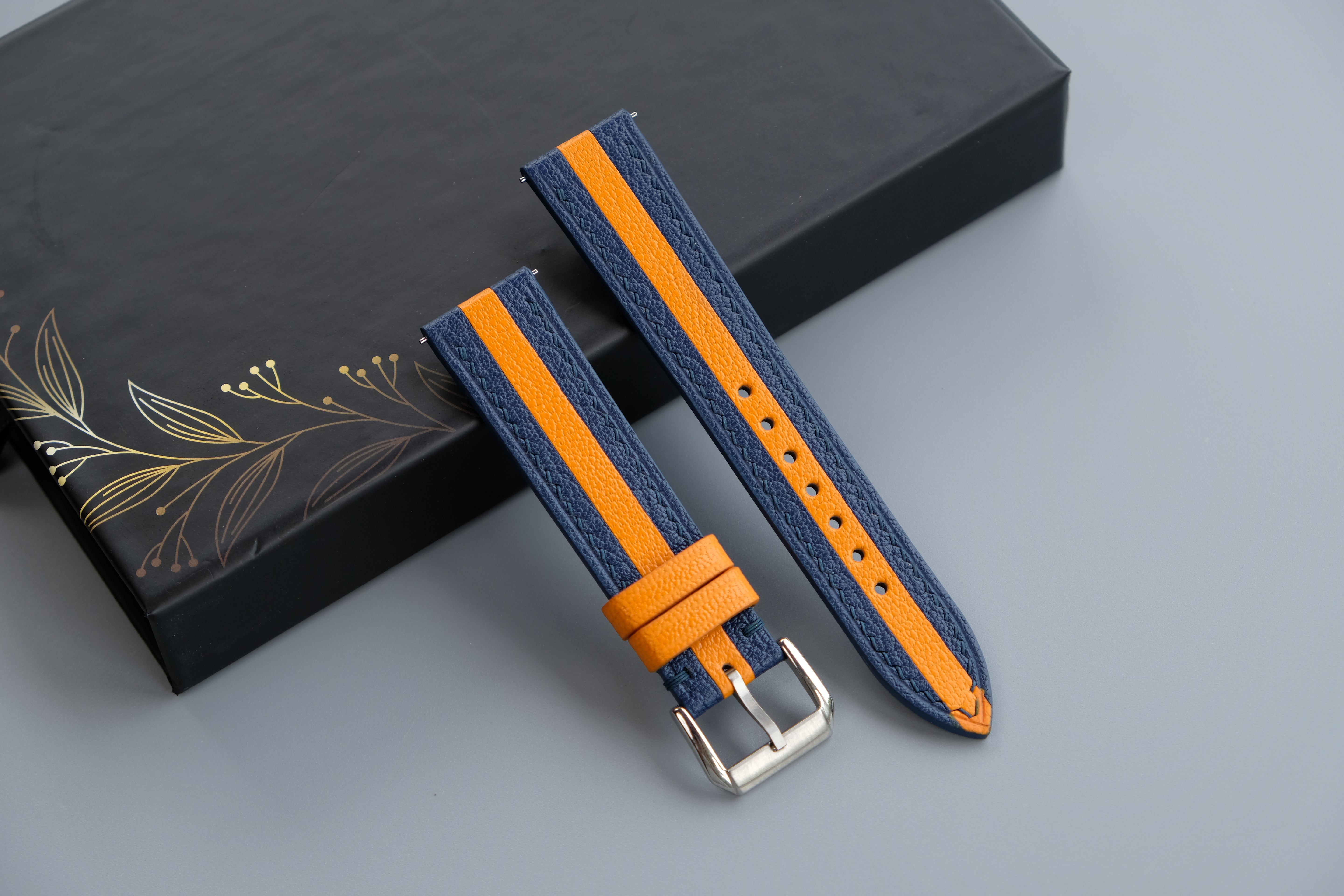 Two-Tone Navy And Orange Leather Watch Strap | Chevre Sully French Leather | Handmade | Custom Sizes 26mm–16mm