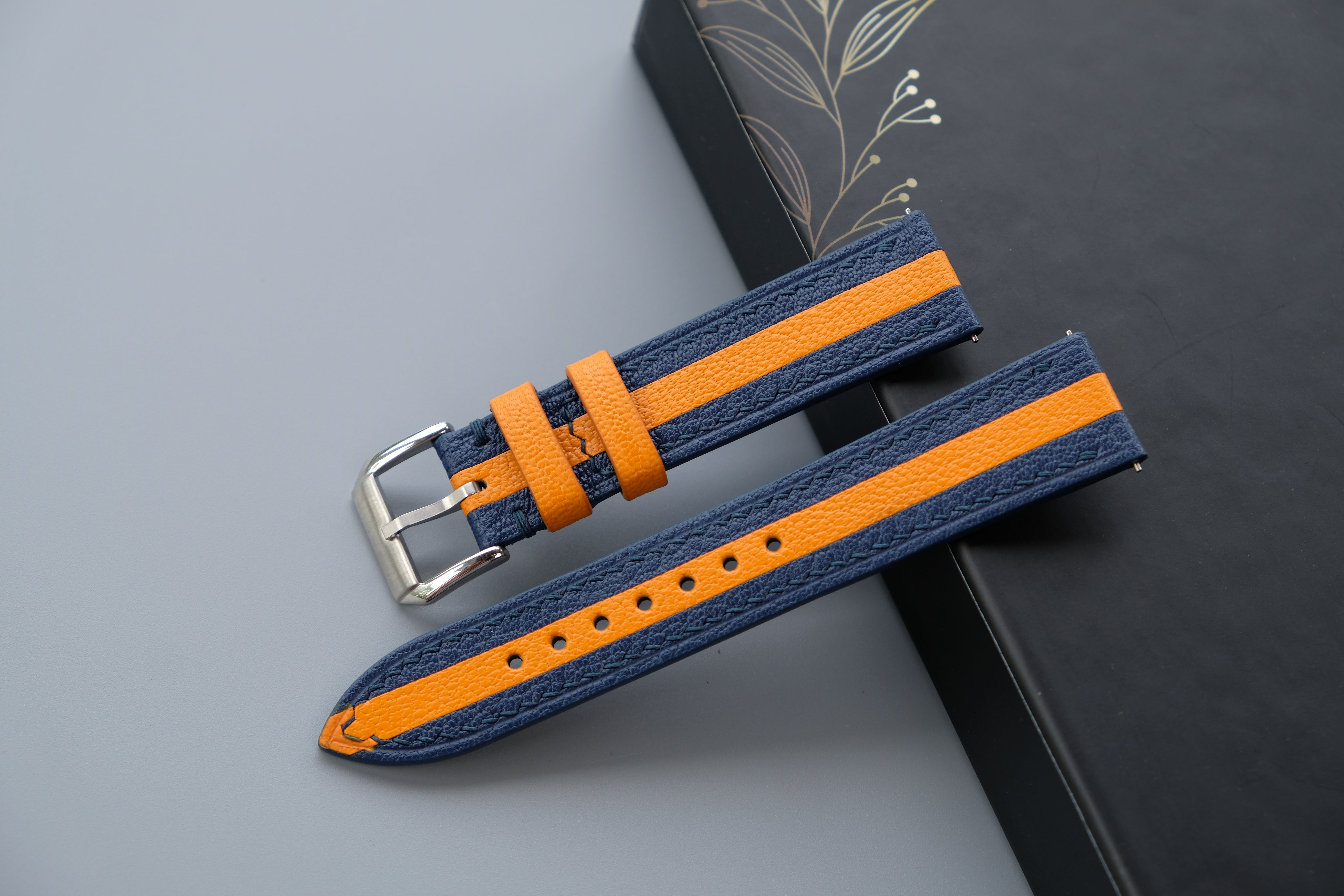 Two-Tone Navy And Orange Leather Watch Strap | Chevre Sully French Leather | Handmade | Custom Sizes 26mm–16mm