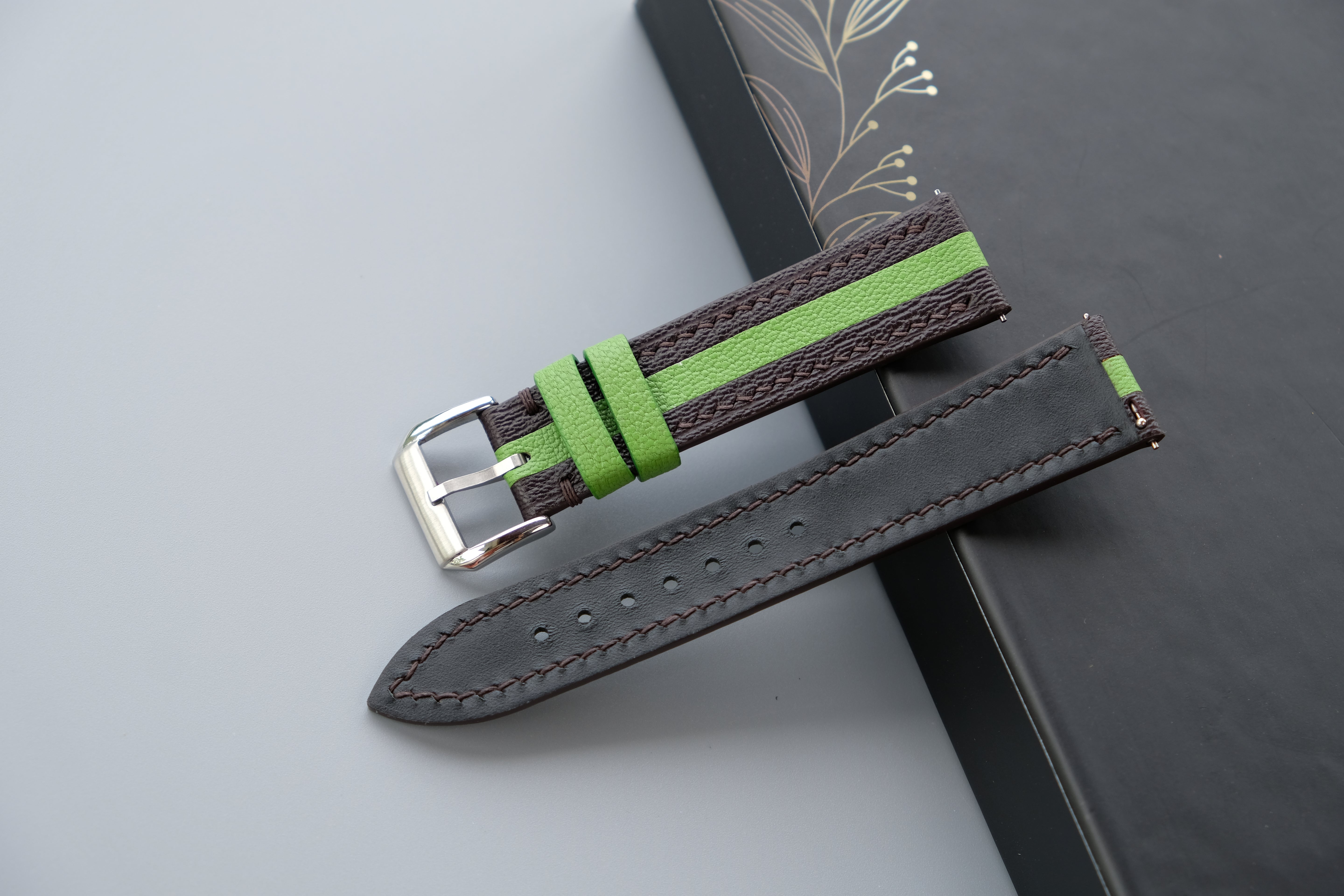 Two-Tone Dark Brown And Lime Green Leather Watch Strap | Chevre Sully French Leather | Handmade | Custom Sizes 26mm–16mm