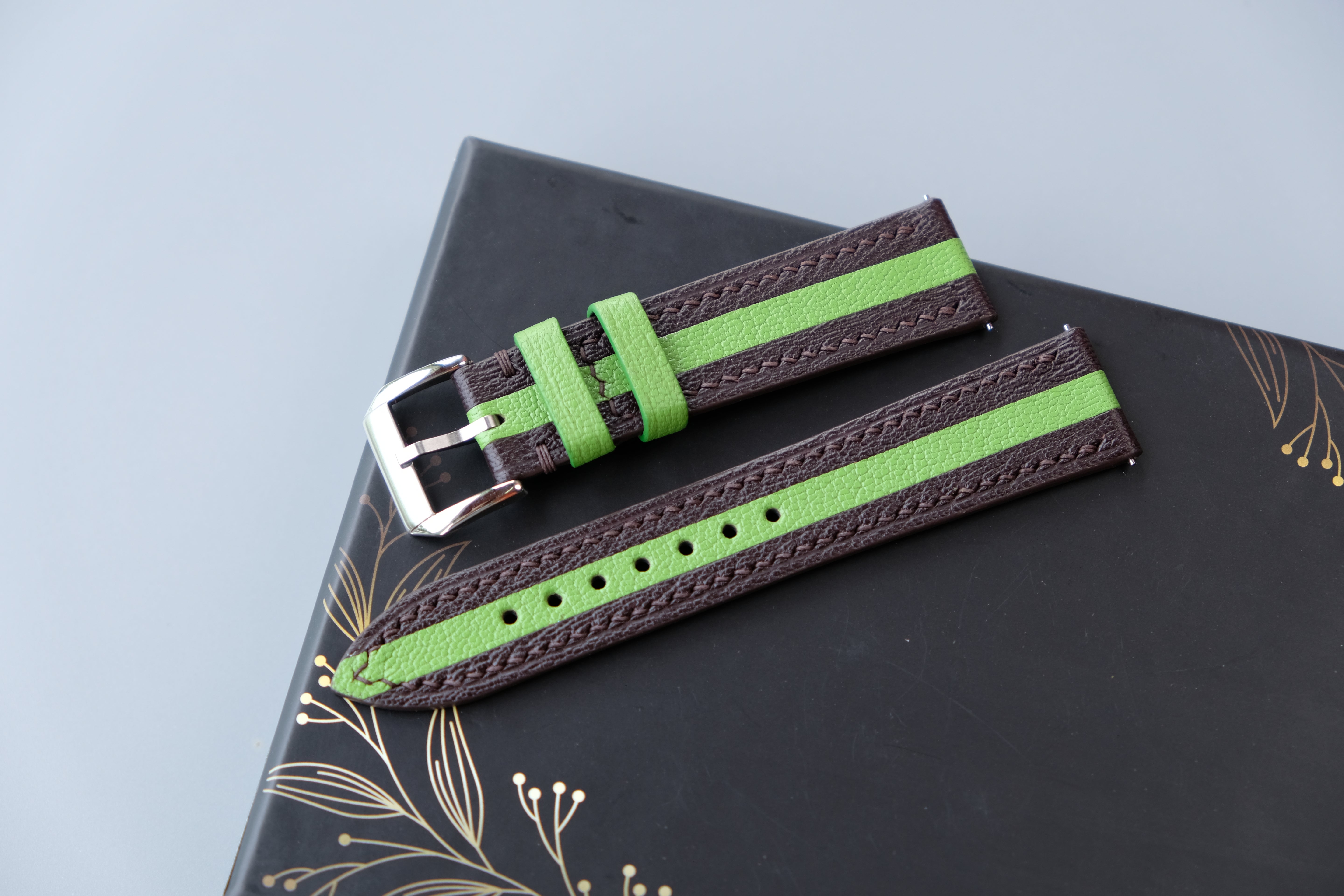 Two-Tone Dark Brown And Lime Green Leather Watch Strap | Chevre Sully French Leather | Handmade | Custom Sizes 26mm–16mm