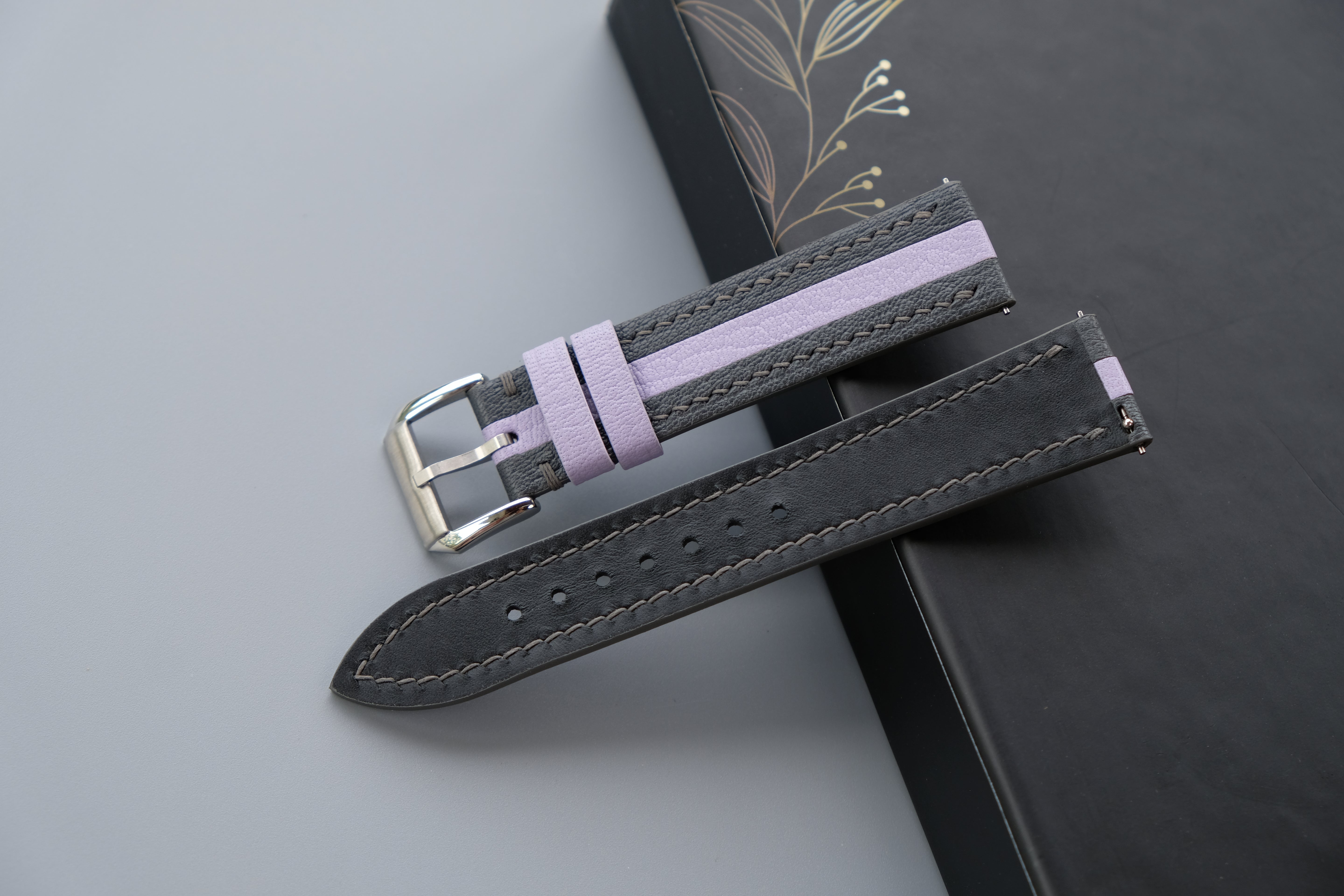 Two-Tone Gray and Lavender Leather Watch Strap | Chevre Sully French Leather | Handmade | Custom Sizes 26mm–16mm