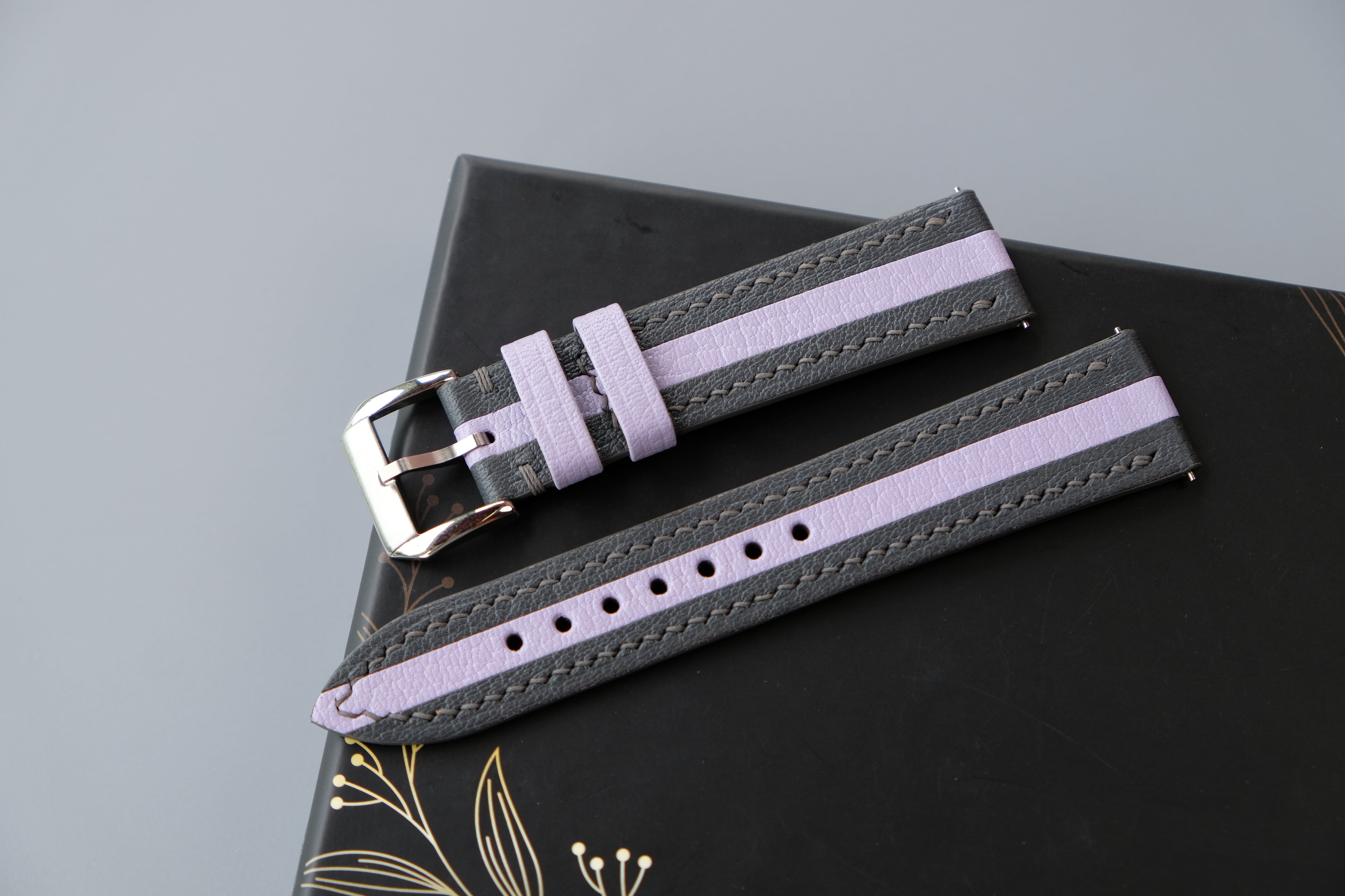 Two-Tone Gray and Lavender Leather Watch Strap | Chevre Sully French Leather | Handmade | Custom Sizes 26mm–16mm