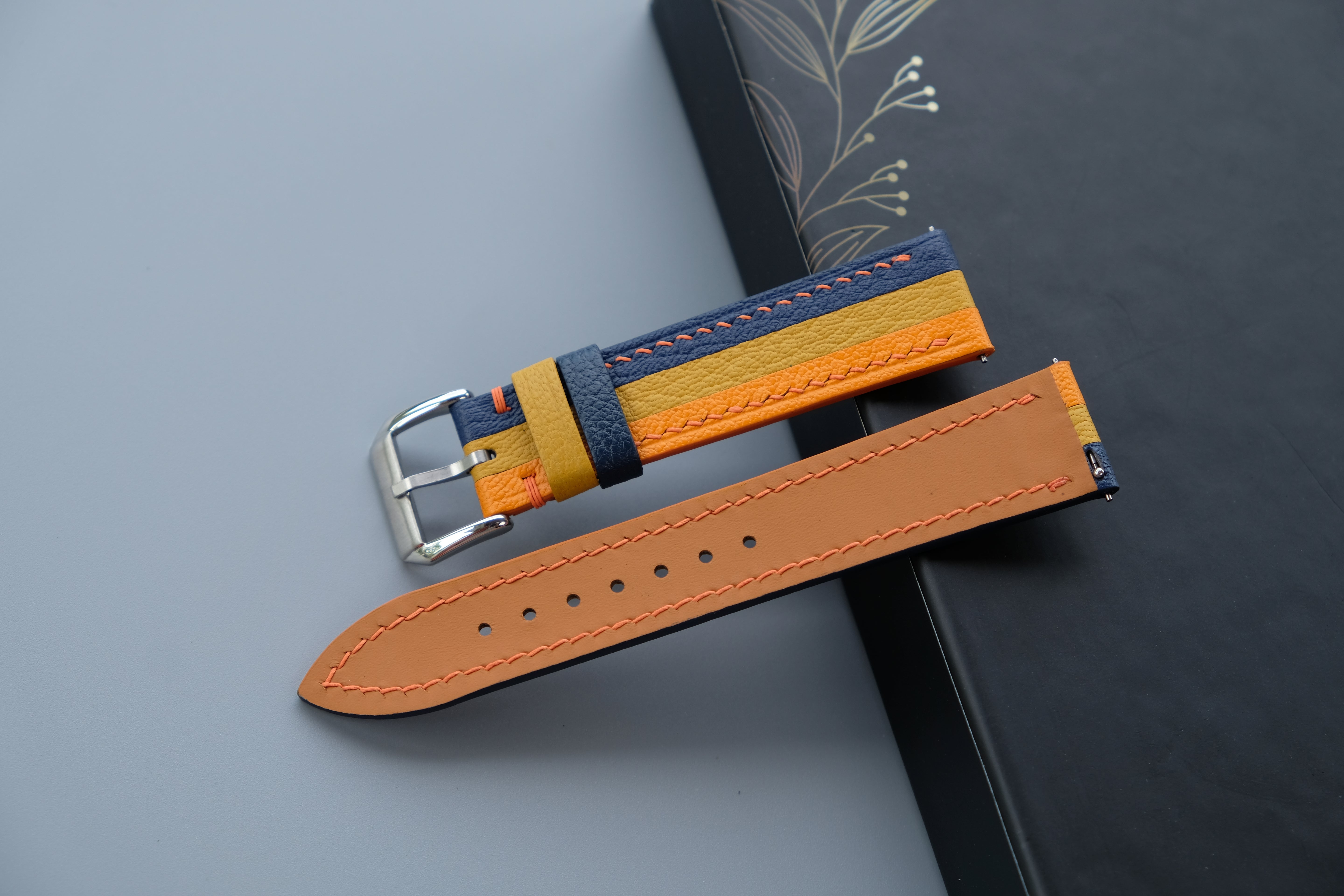 Triple-Tone Navy, Yellow and Orange Watch Strap | Handmade Goat Leather | Chevre Sully French Leather | Custom Sizes 26mm–16mm