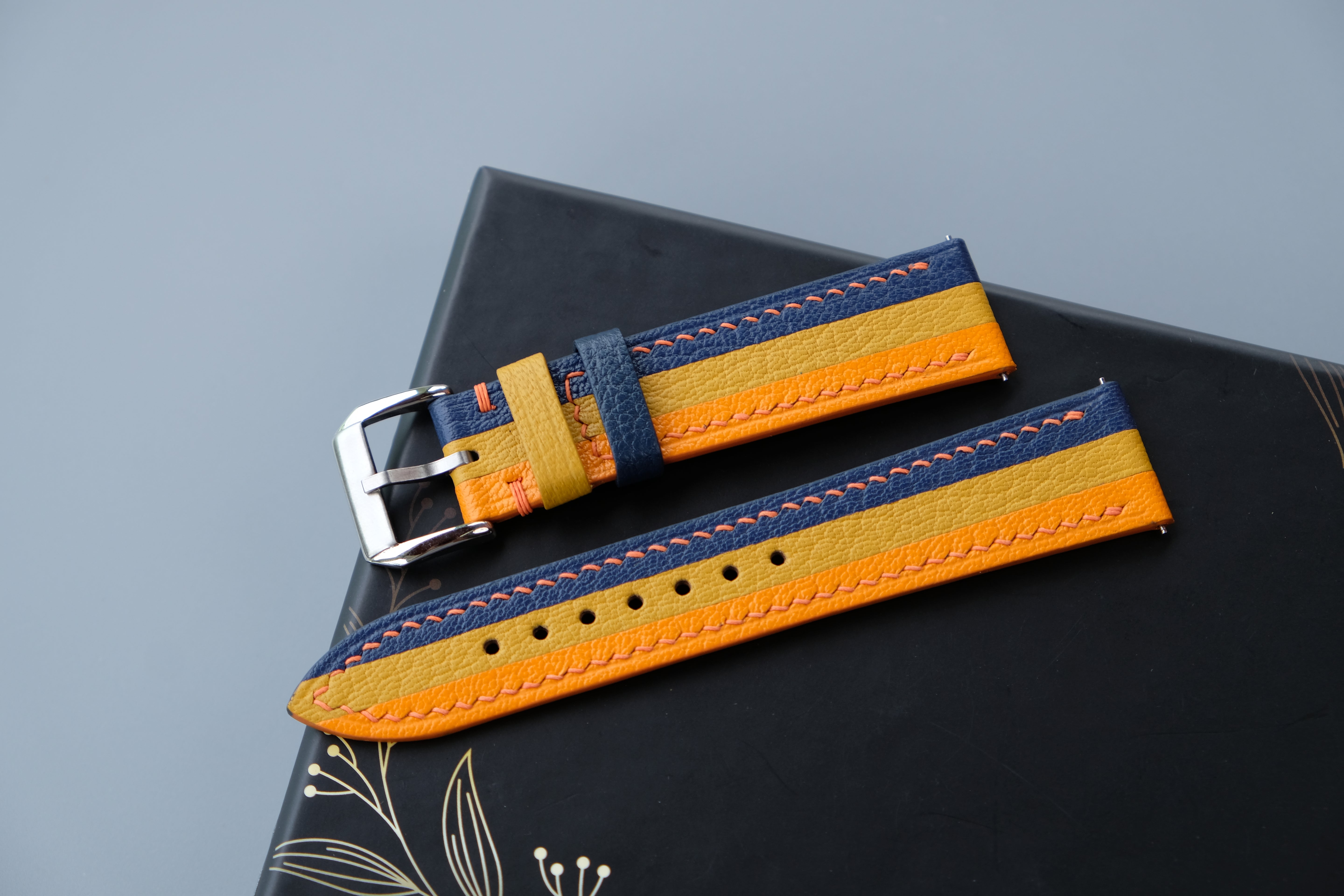 Triple-Tone Navy, Yellow and Orange Watch Strap | Handmade Goat Leather | Chevre Sully French Leather | Custom Sizes 26mm–16mm