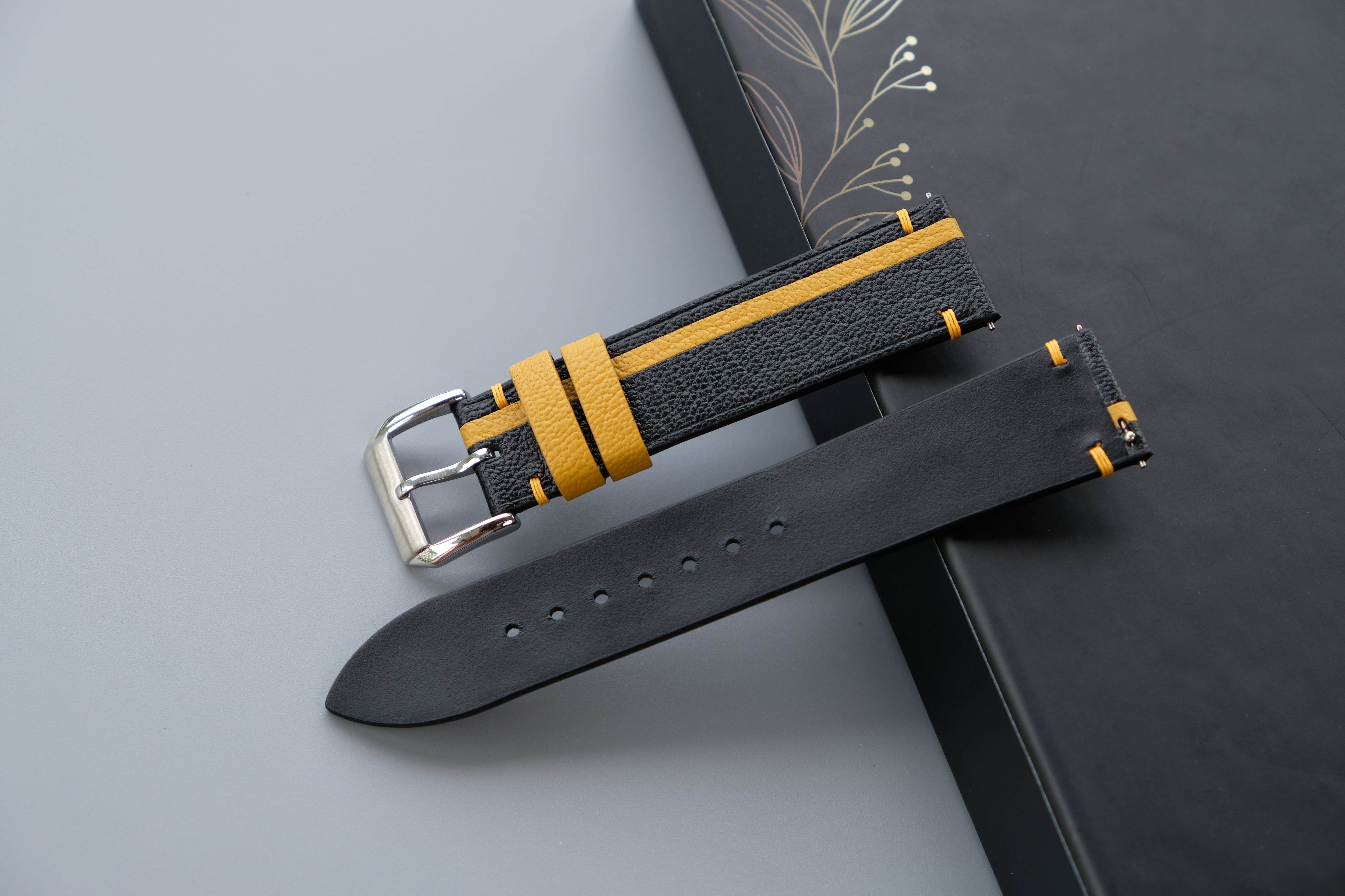 Two-Tone Black and Yellow Leather Watch Strap | Chevre Sully French Leather | Handmade | Custom Sizes 26mm–16mm