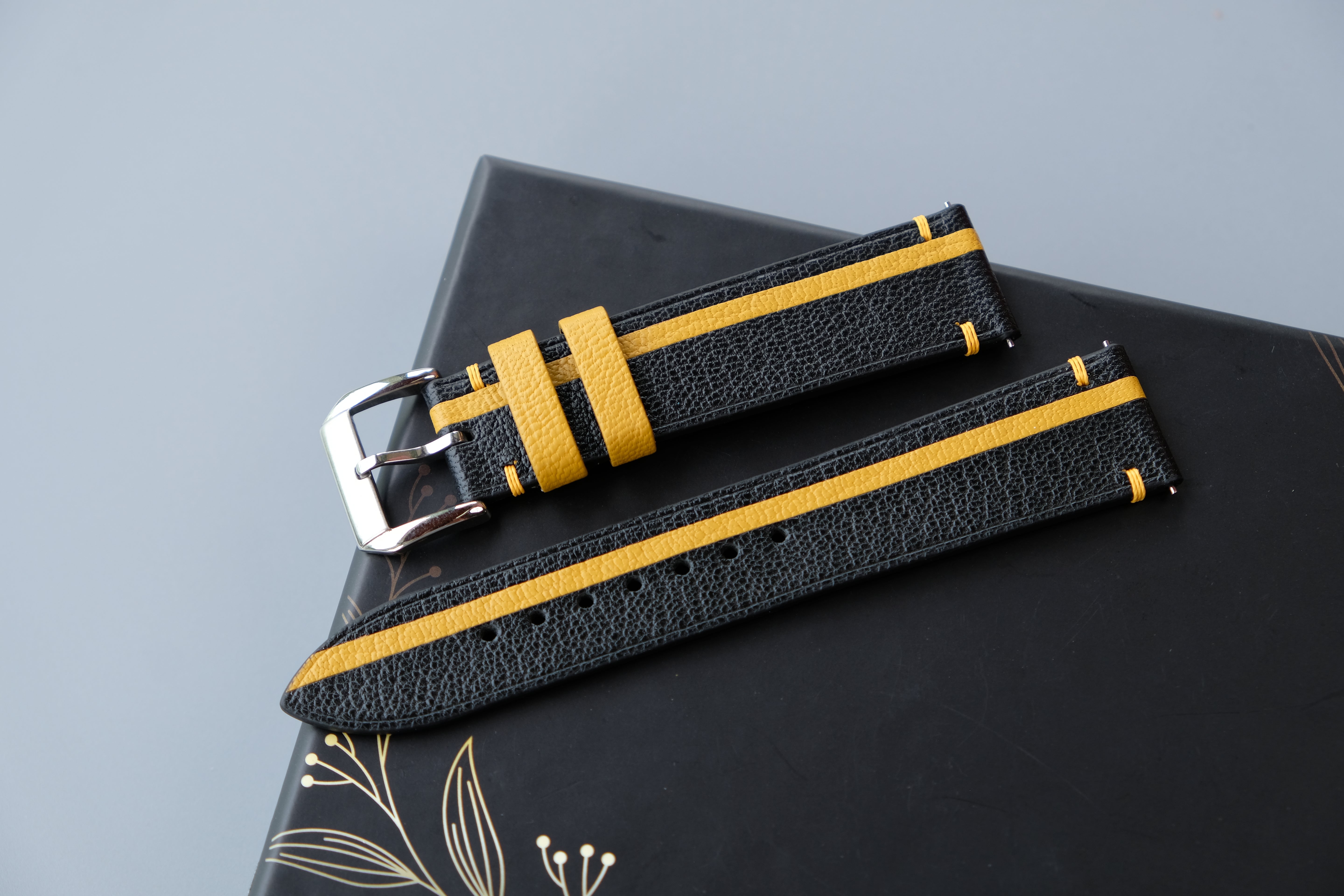 Two-Tone Black and Yellow Leather Watch Strap | Chevre Sully French Leather | Handmade | Custom Sizes 26mm–16mm