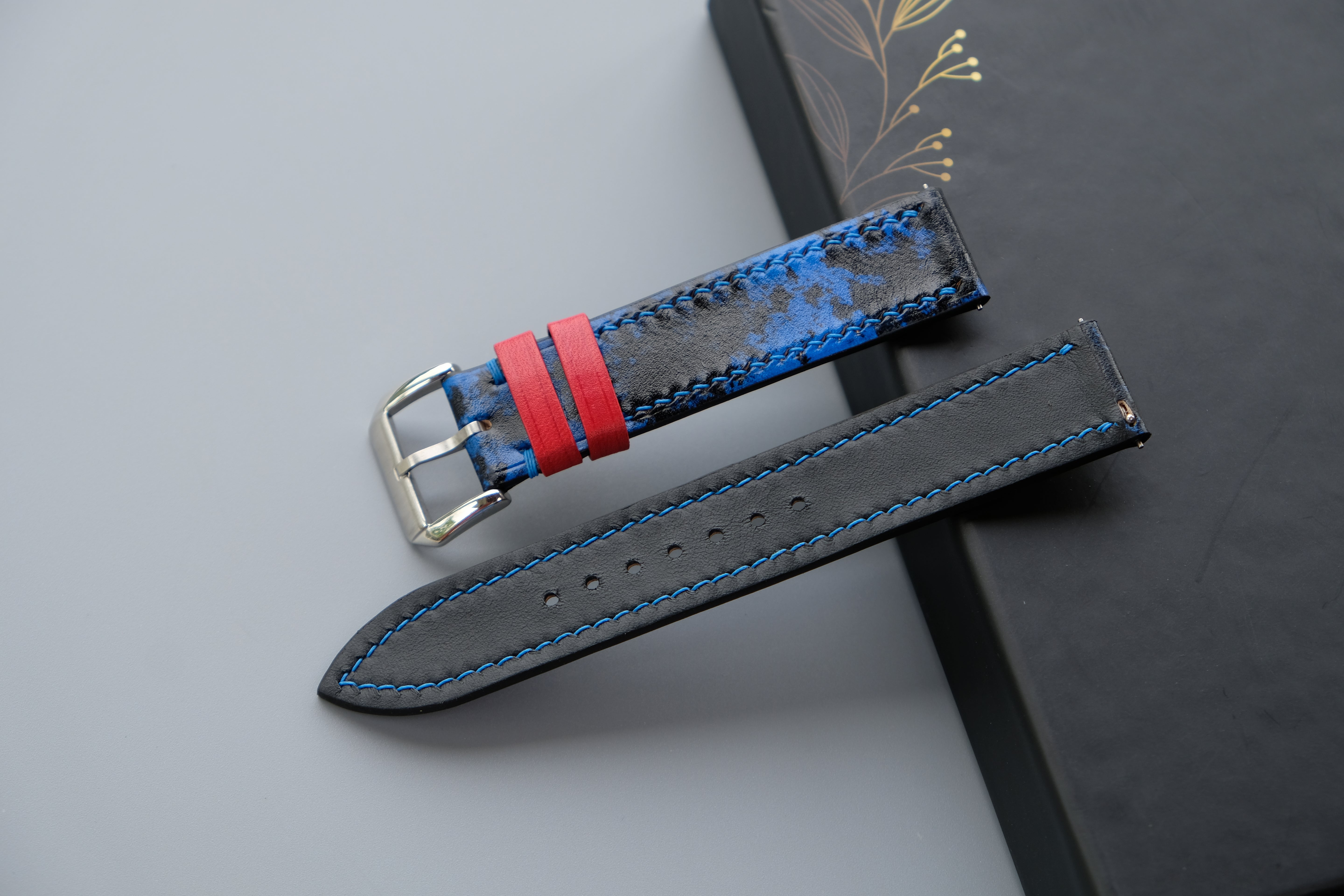 Blue And Black Veg-Tan Patina Leather Watch Strap - Custom Sizes From 26mm to 10mm