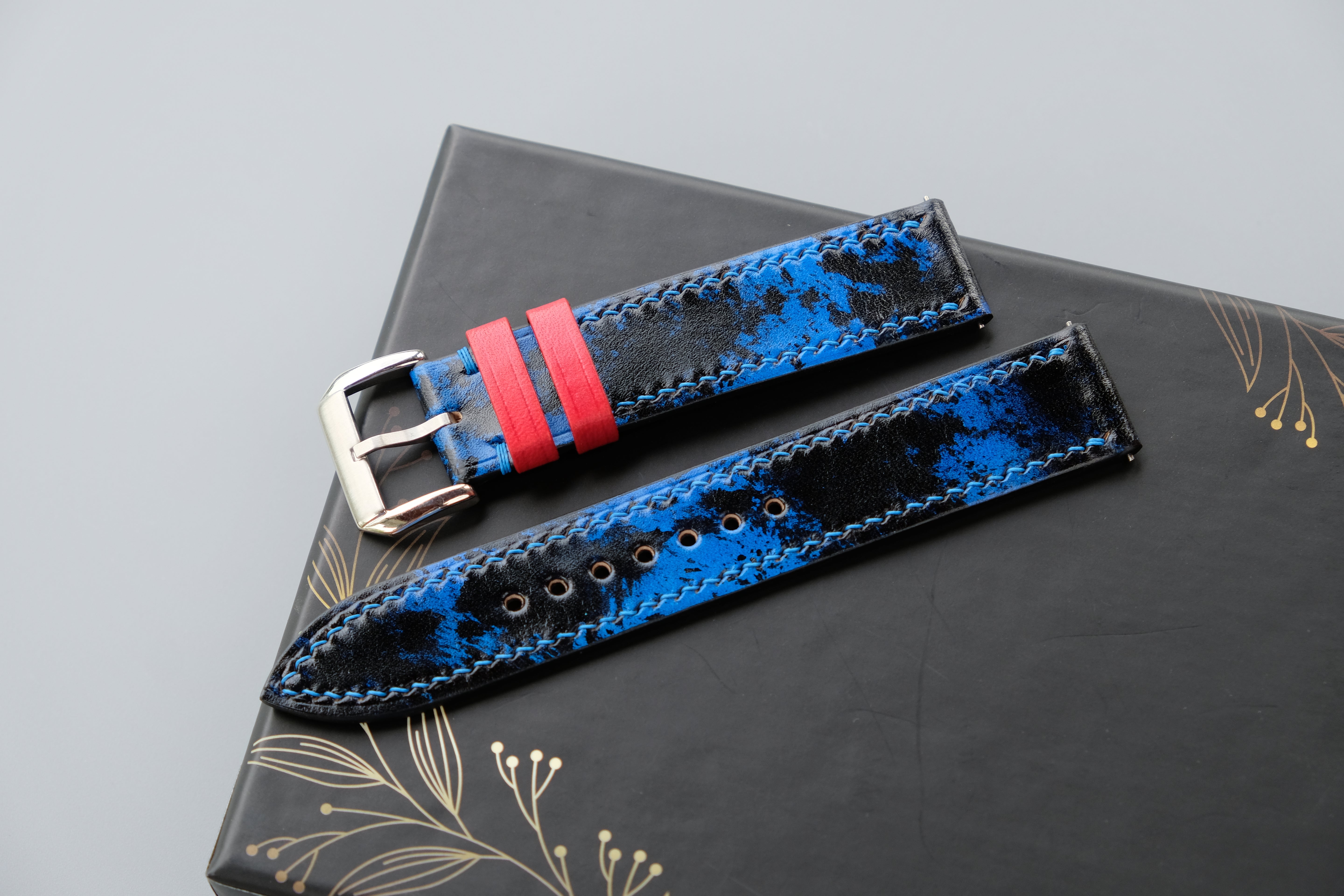Blue And Black Veg-Tan Patina Leather Watch Strap - Custom Sizes From 26mm to 10mm