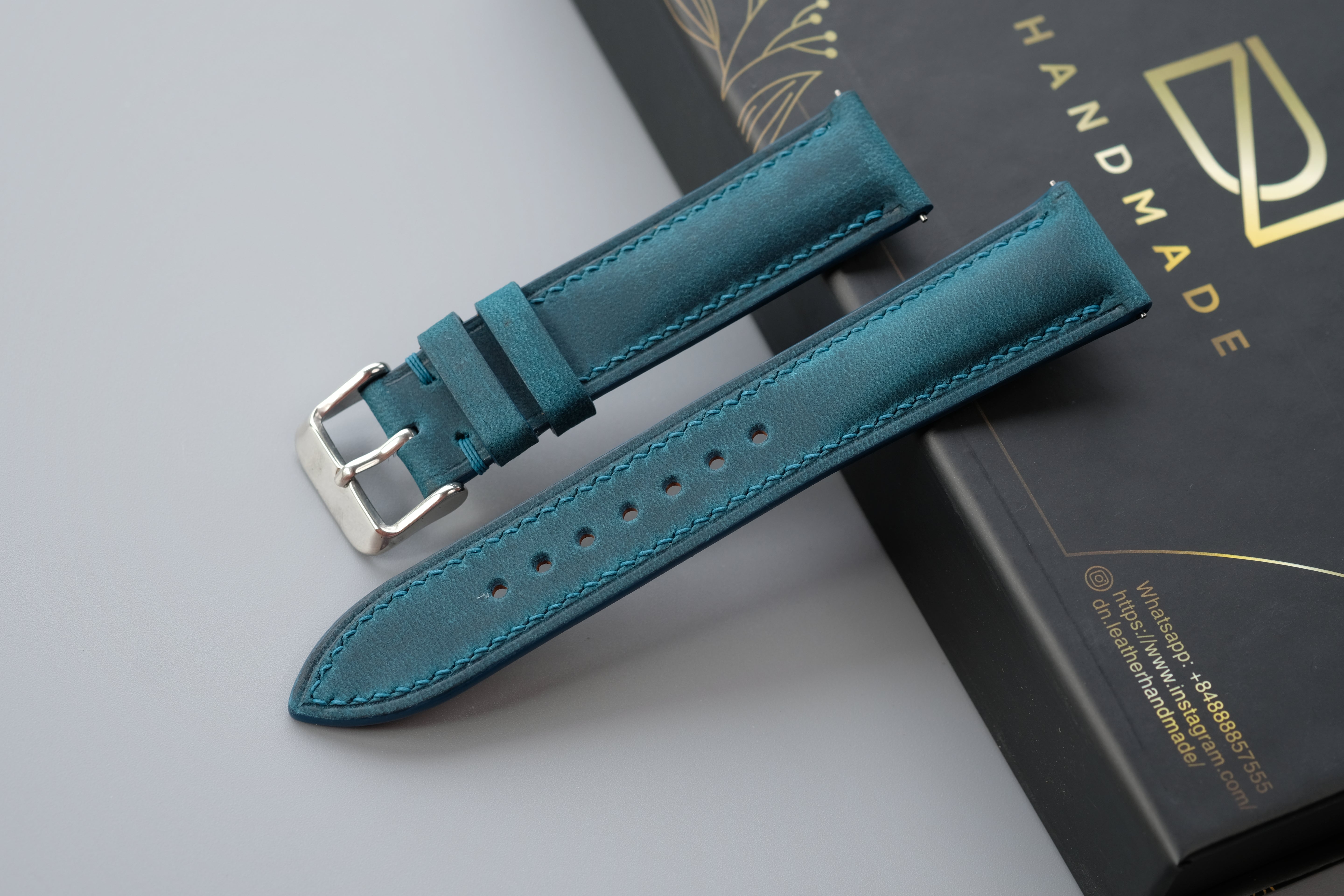 Dark Turquoise Waxed Cowhide Leather Watch Strap – Custom Sizes 16mm to 26mm