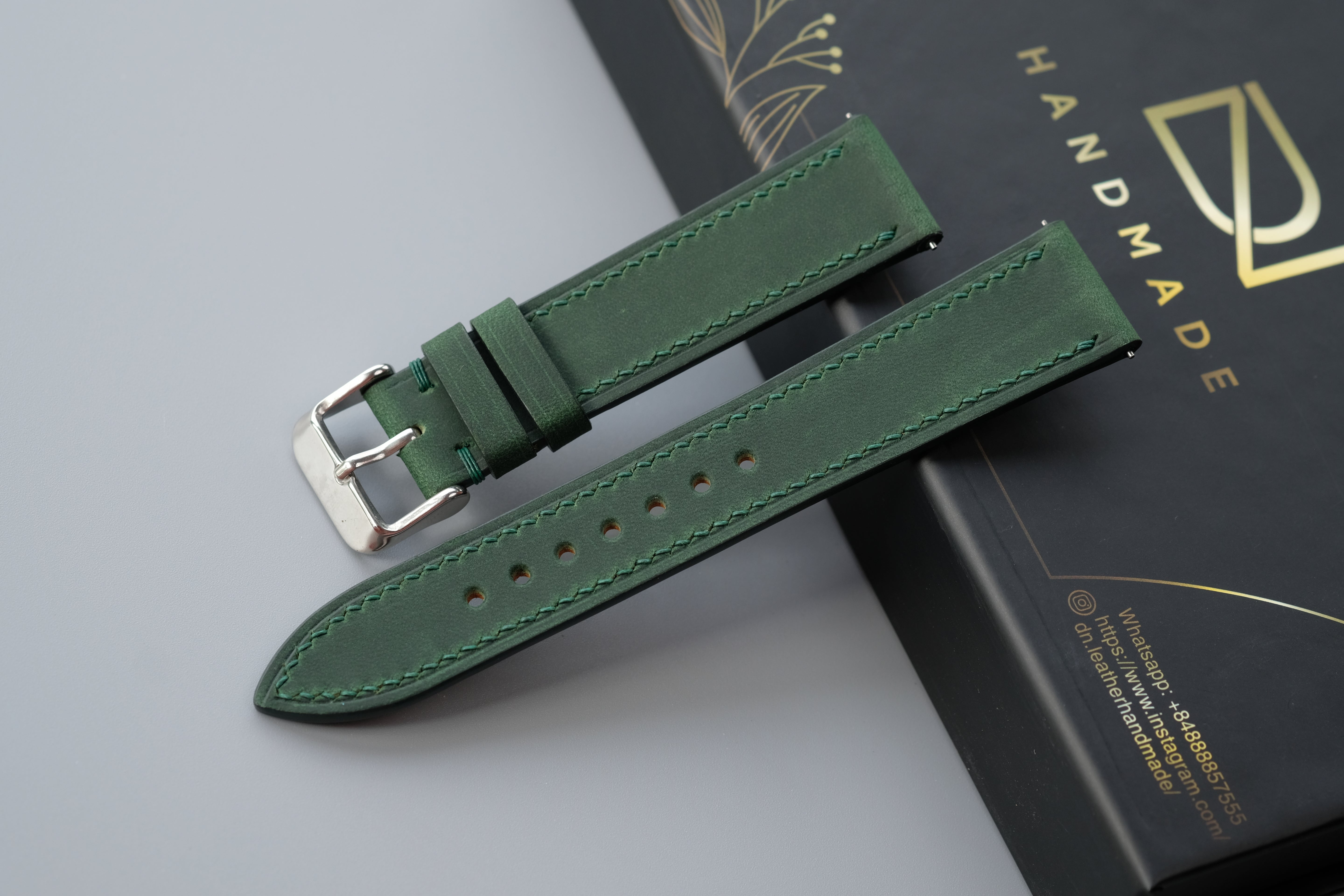 Slim Dark Green Waxed Cowhide Leather Watch Strap – Custom Sizes 10mm to 26mm