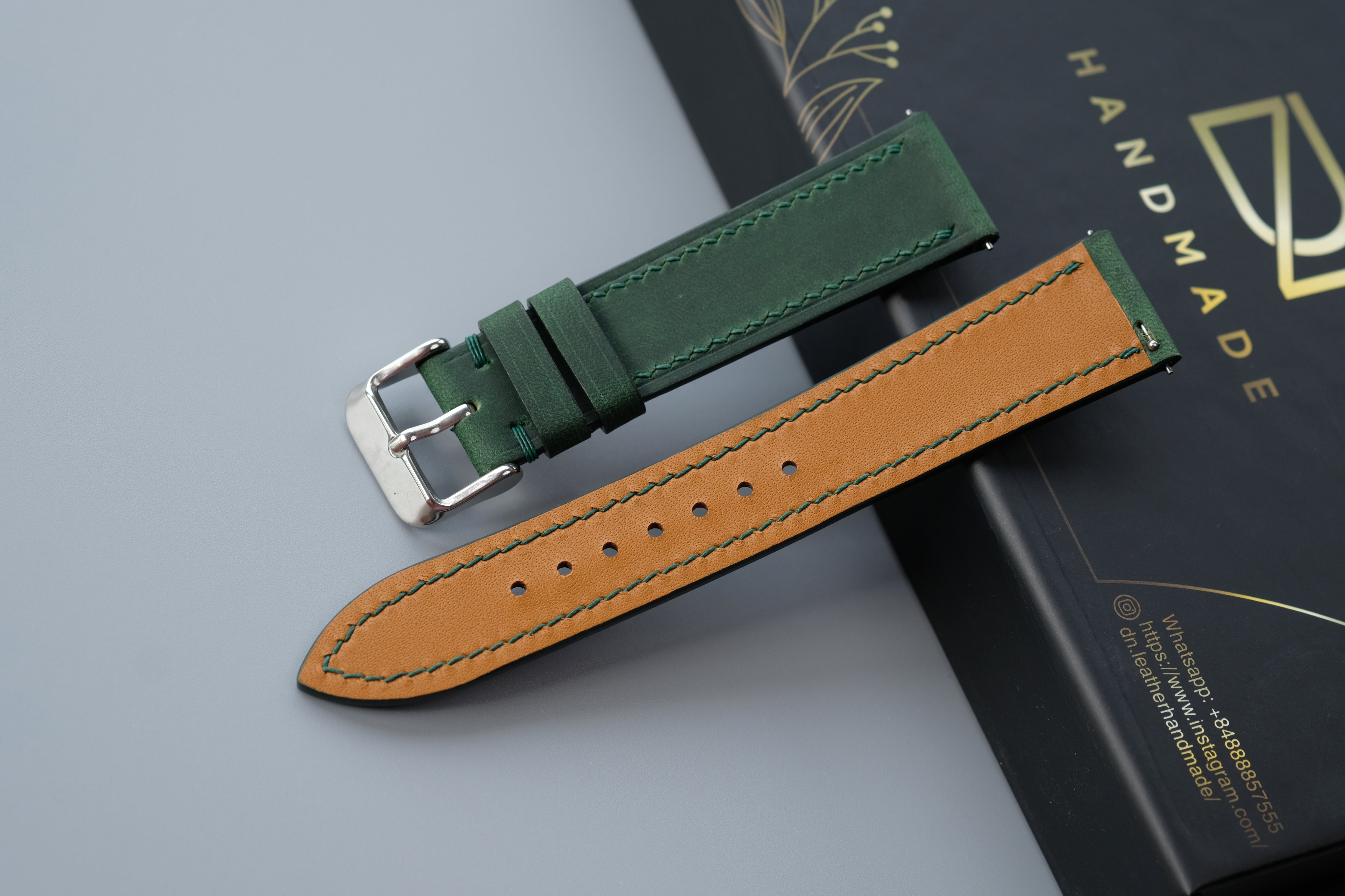 Slim Dark Green Waxed Cowhide Leather Watch Strap – Custom Sizes 10mm to 26mm