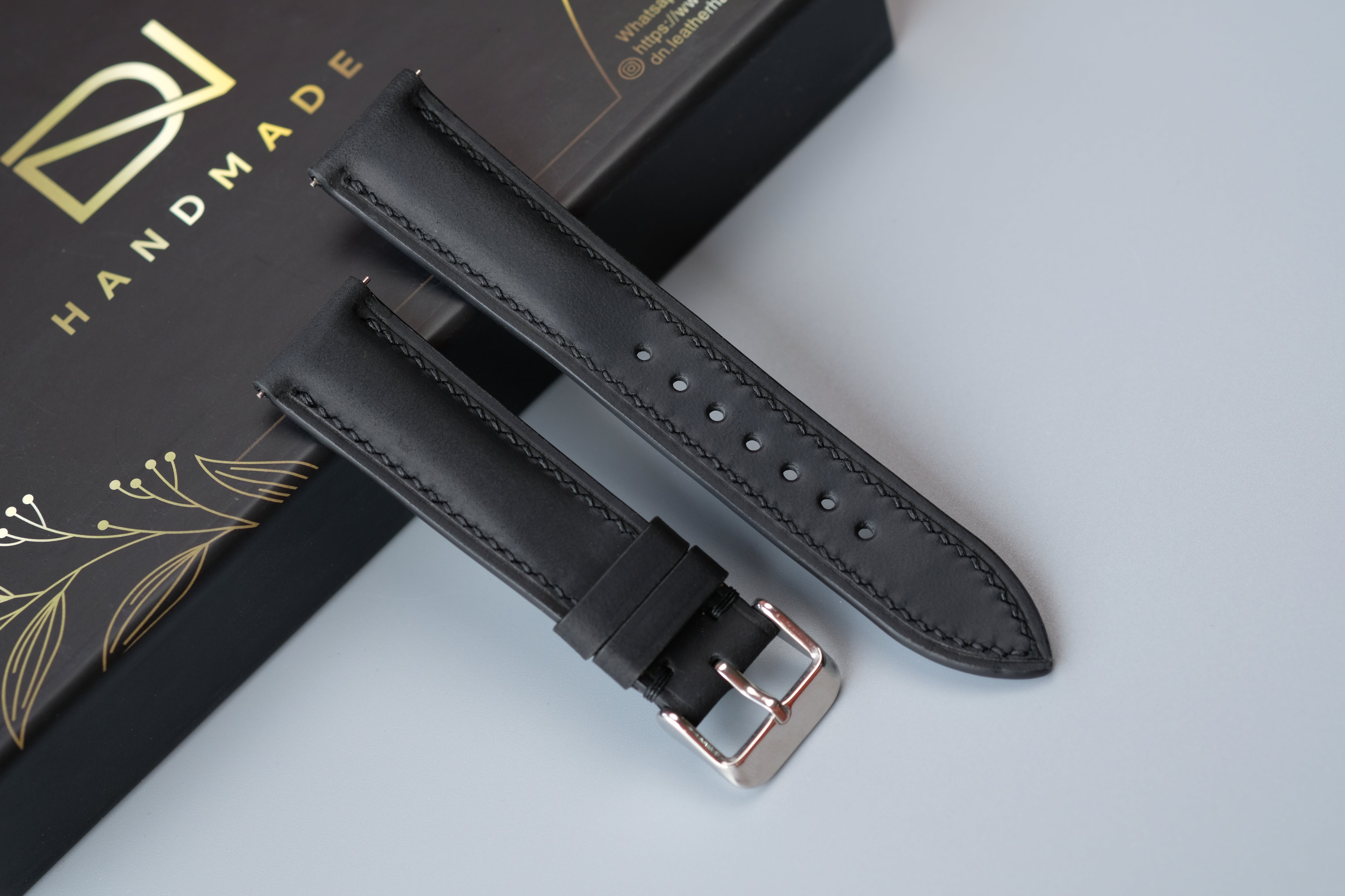 Black Waxed Cowhide Leather Watch Strap – Custom Sizes 16mm to 26mm
