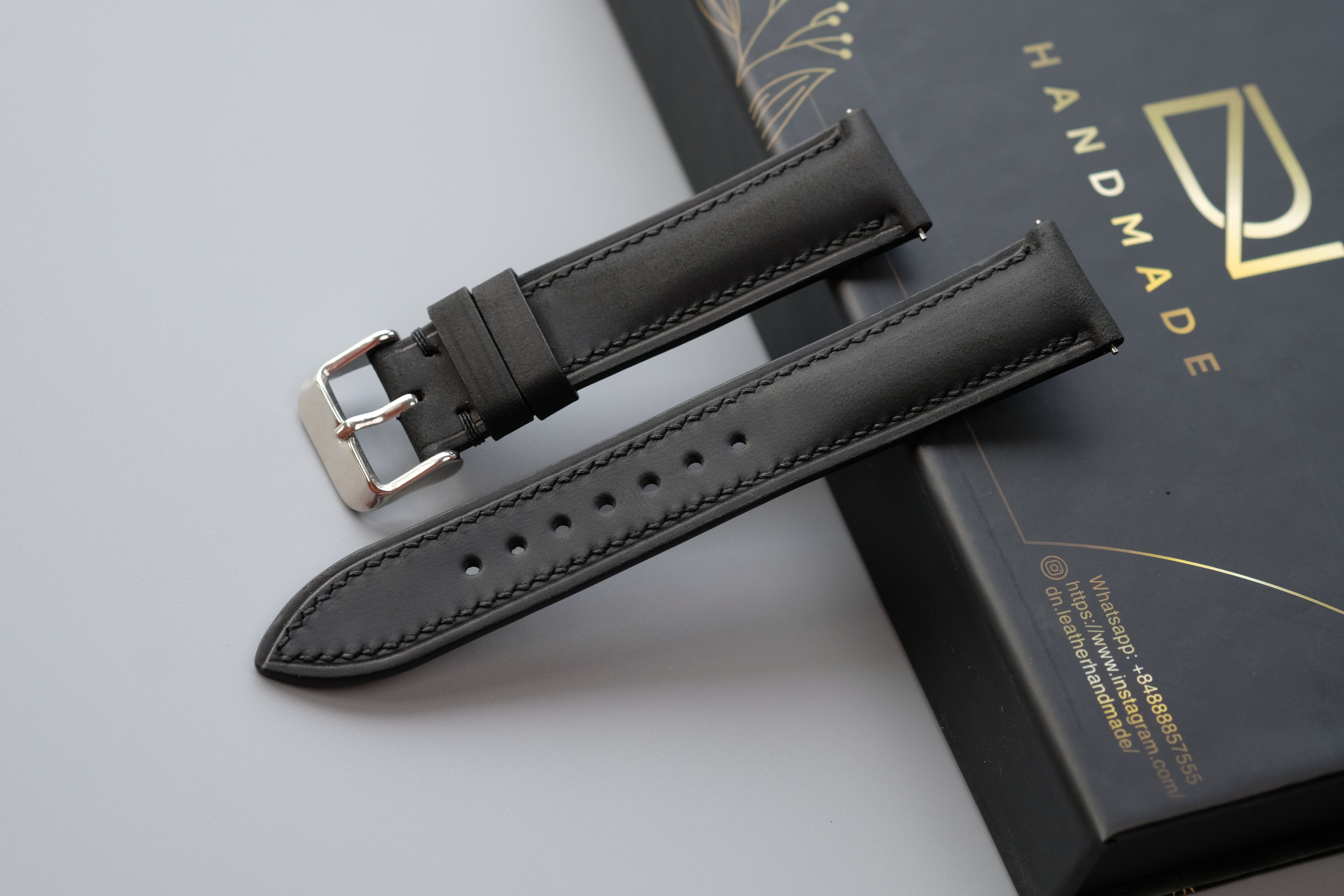 Black Waxed Cowhide Leather Watch Strap – Custom Sizes 16mm to 26mm