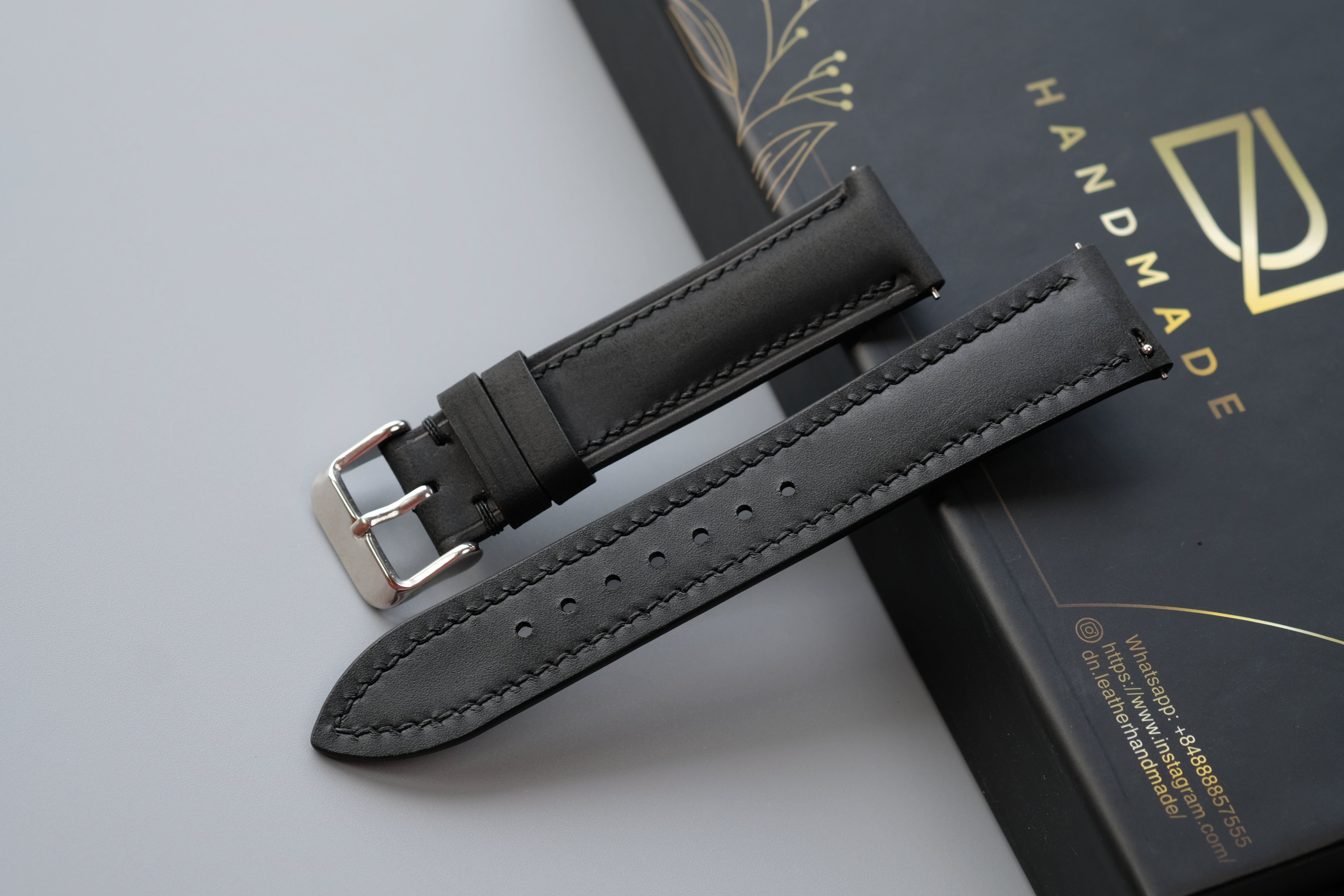 Black Waxed Cowhide Leather Watch Strap – Custom Sizes 16mm to 26mm