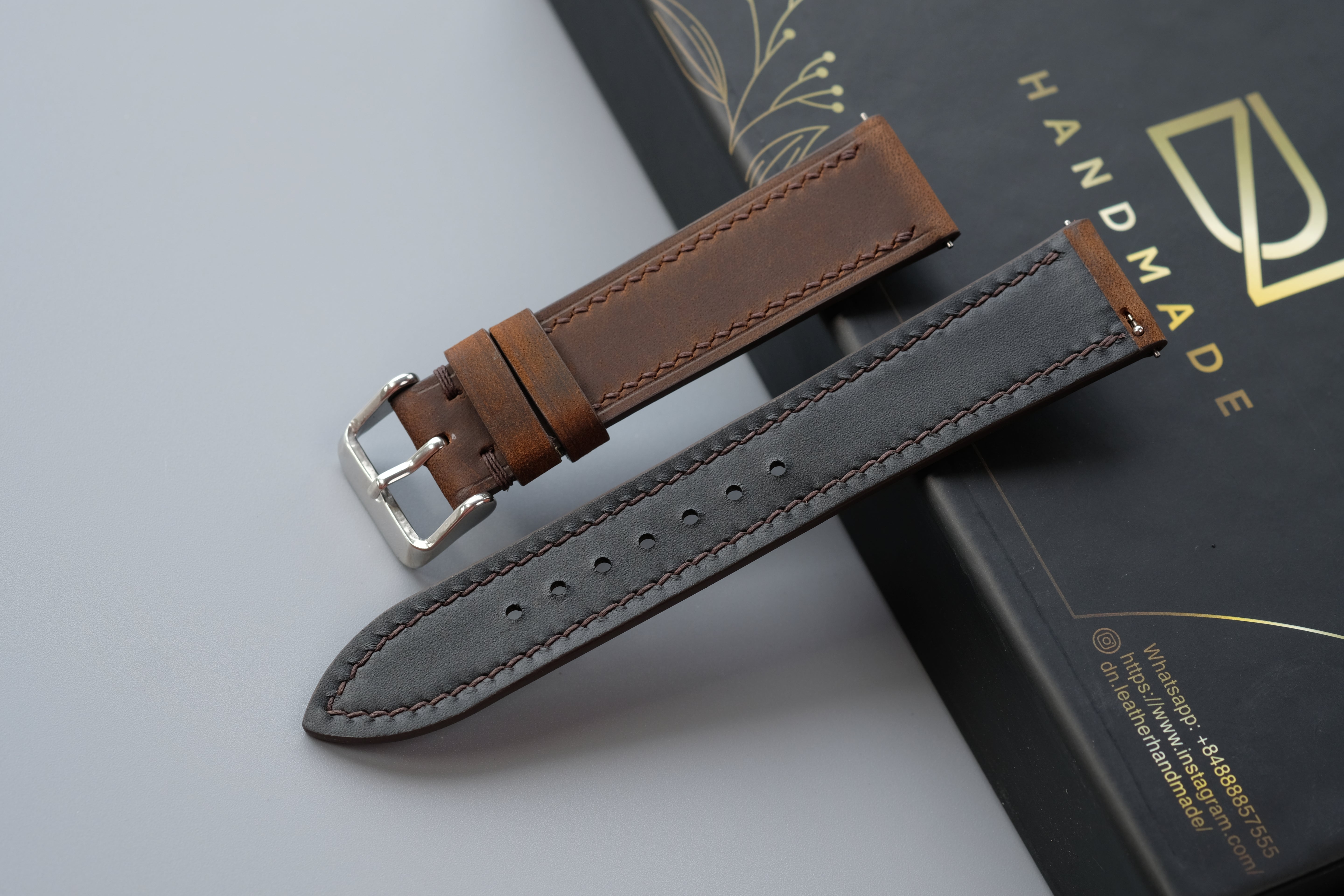 Slim Brown Waxed Cowhide Leather Watch Strap – Custom Sizes 10mm to 26mm