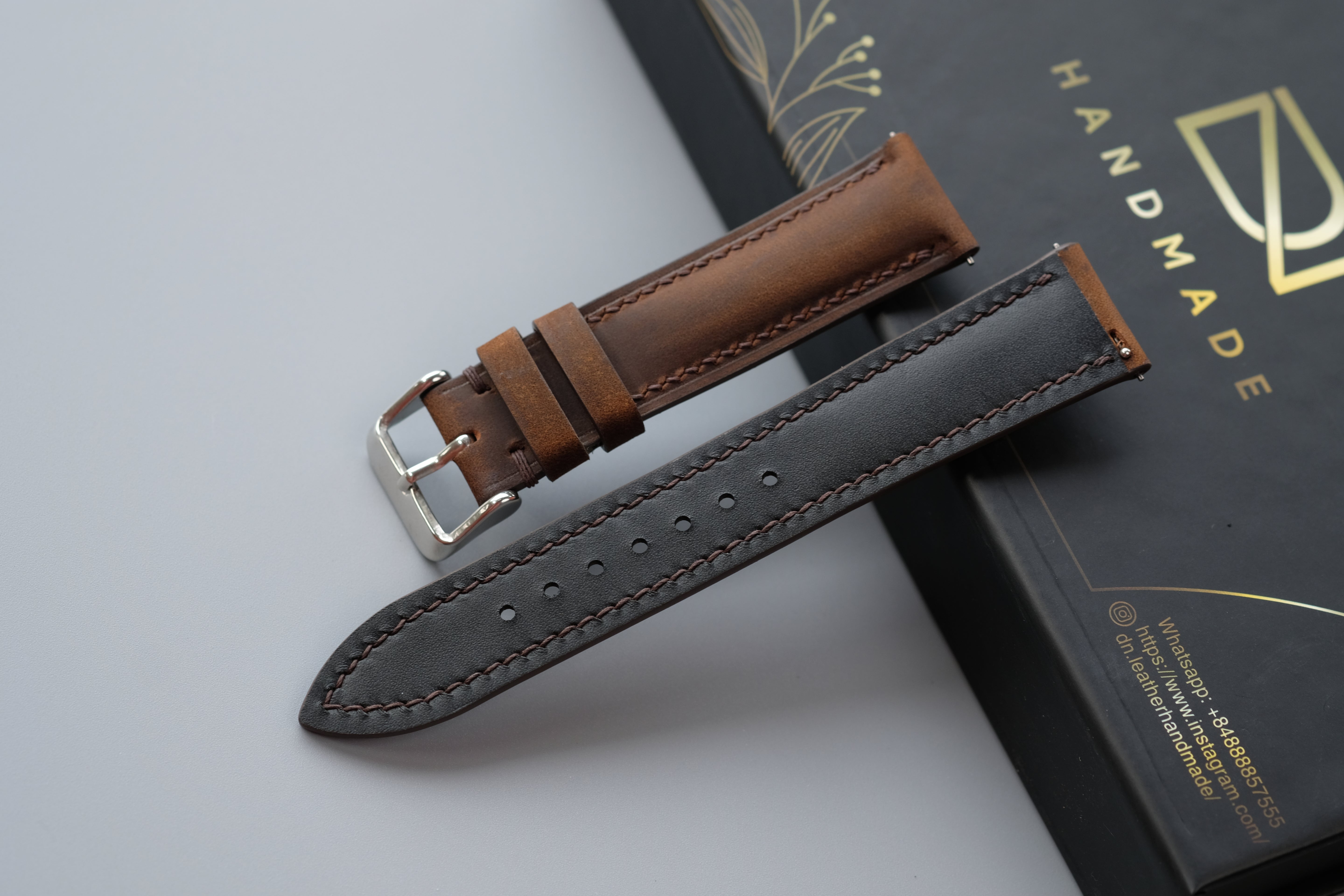 Brown Waxed Cowhide Leather Watch Strap – Custom Sizes 16mm to 26mm