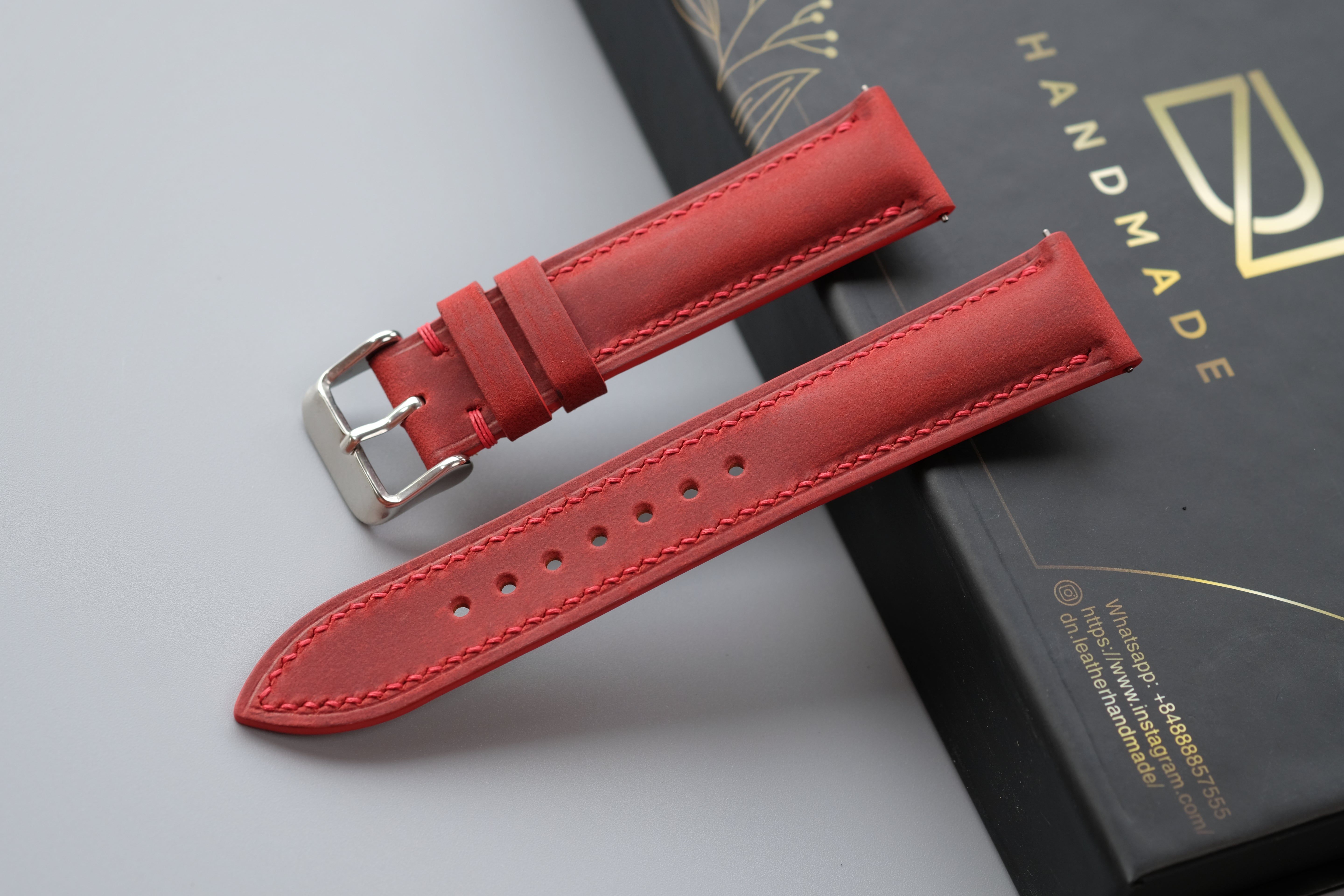 RED Waxed Cowhide Leather Watch Strap – Custom Sizes 16mm to 26mm