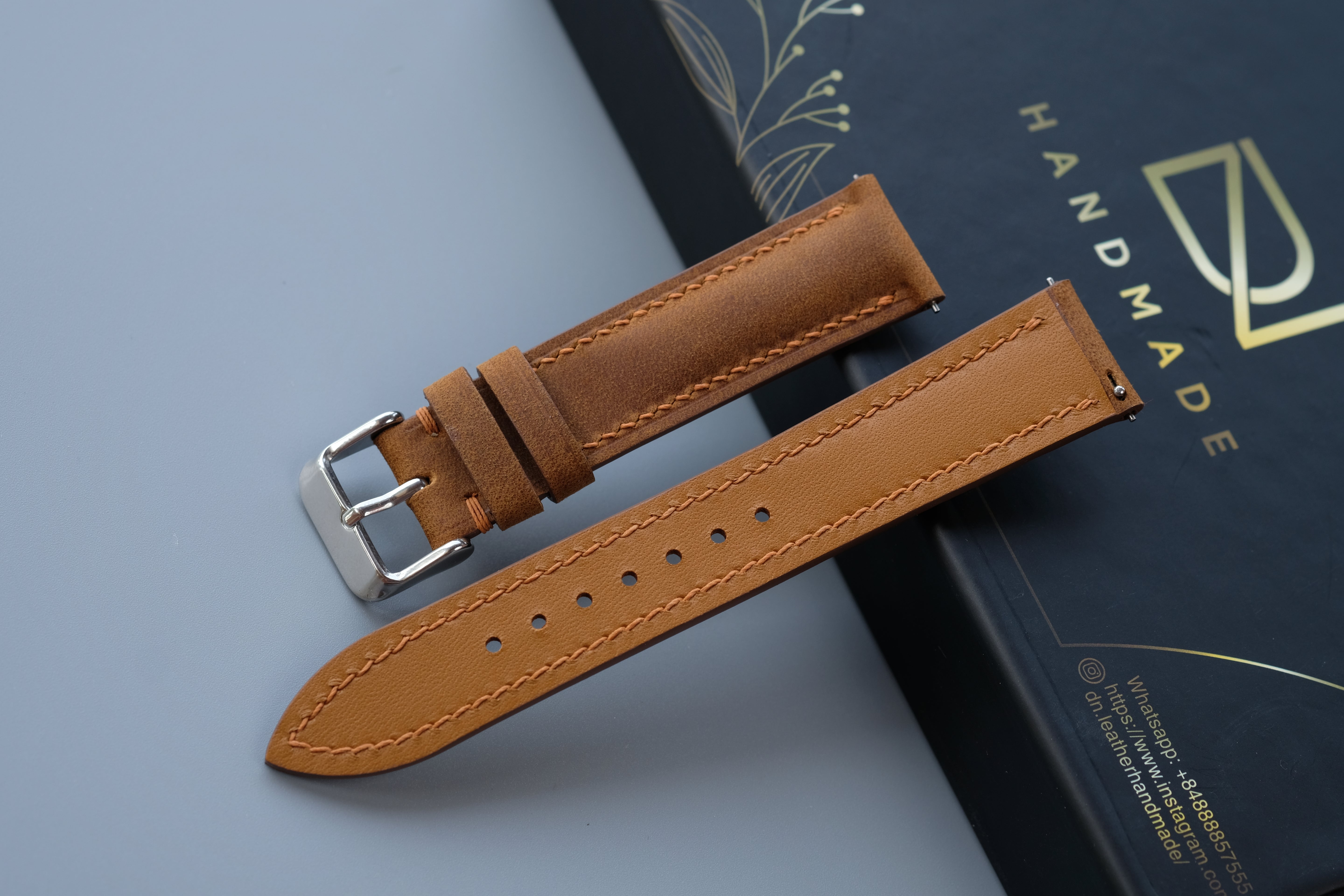 Light Brown Waxed Cowhide Leather Watch Strap – Custom Sizes 16mm to 26mm