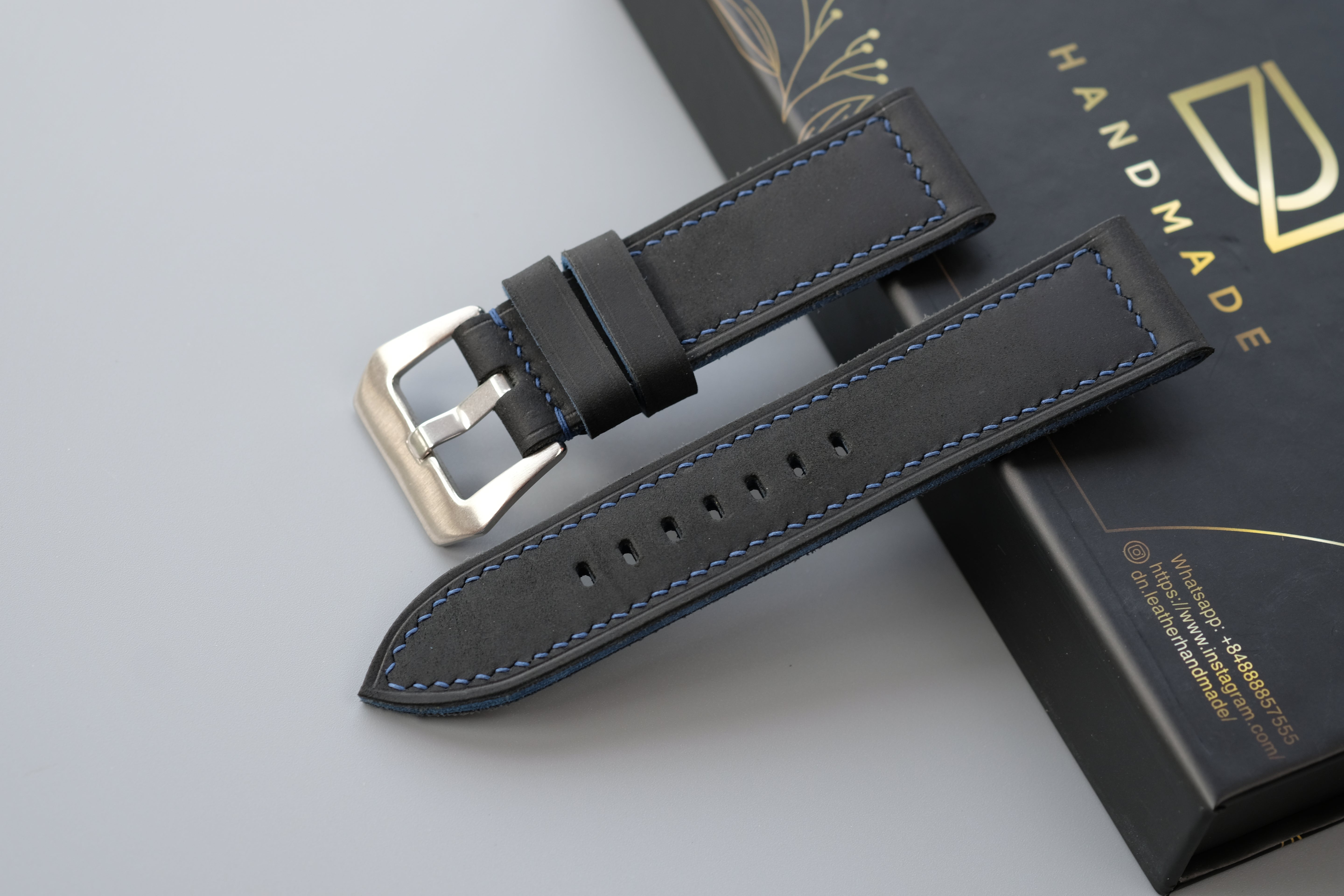 Black Waxed Cowhide Leather Watch Strap – Handmade – Compatible with Panerai Watches