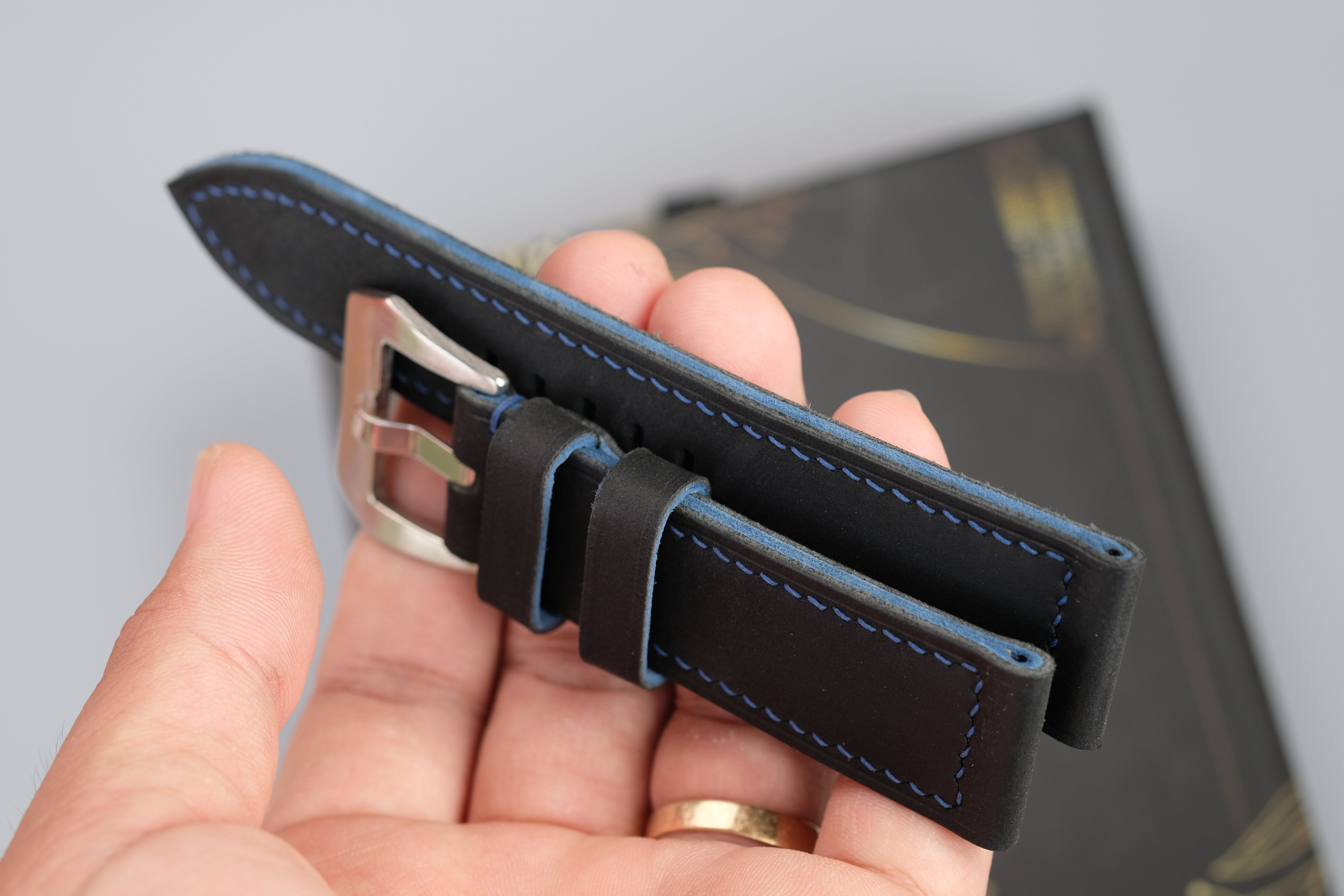 Black Waxed Cowhide Leather Watch Strap – Handmade – Compatible with Panerai Watches