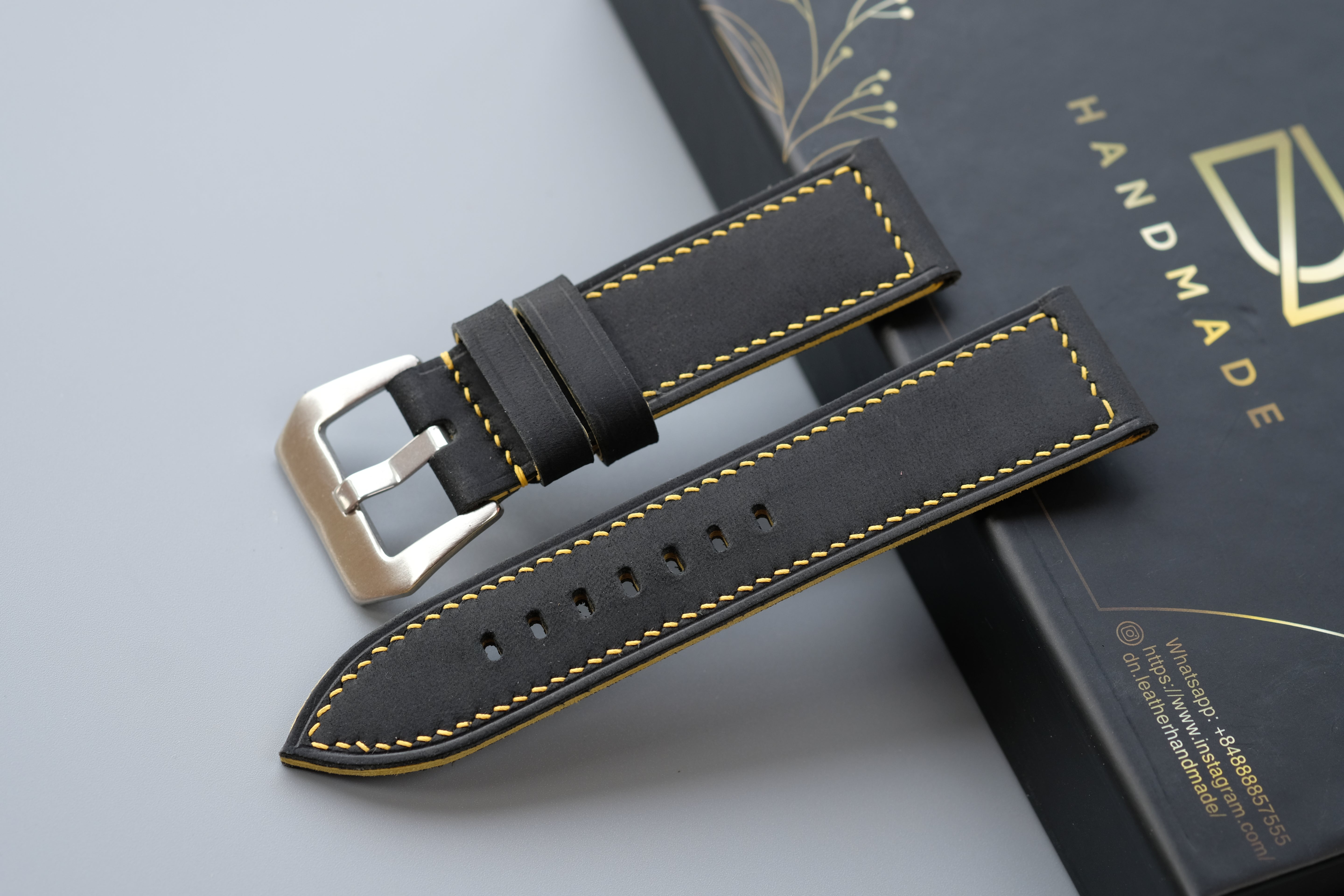Black Waxed Cowhide Leather Watch Strap – Handmade – Compatible with Panerai Watches