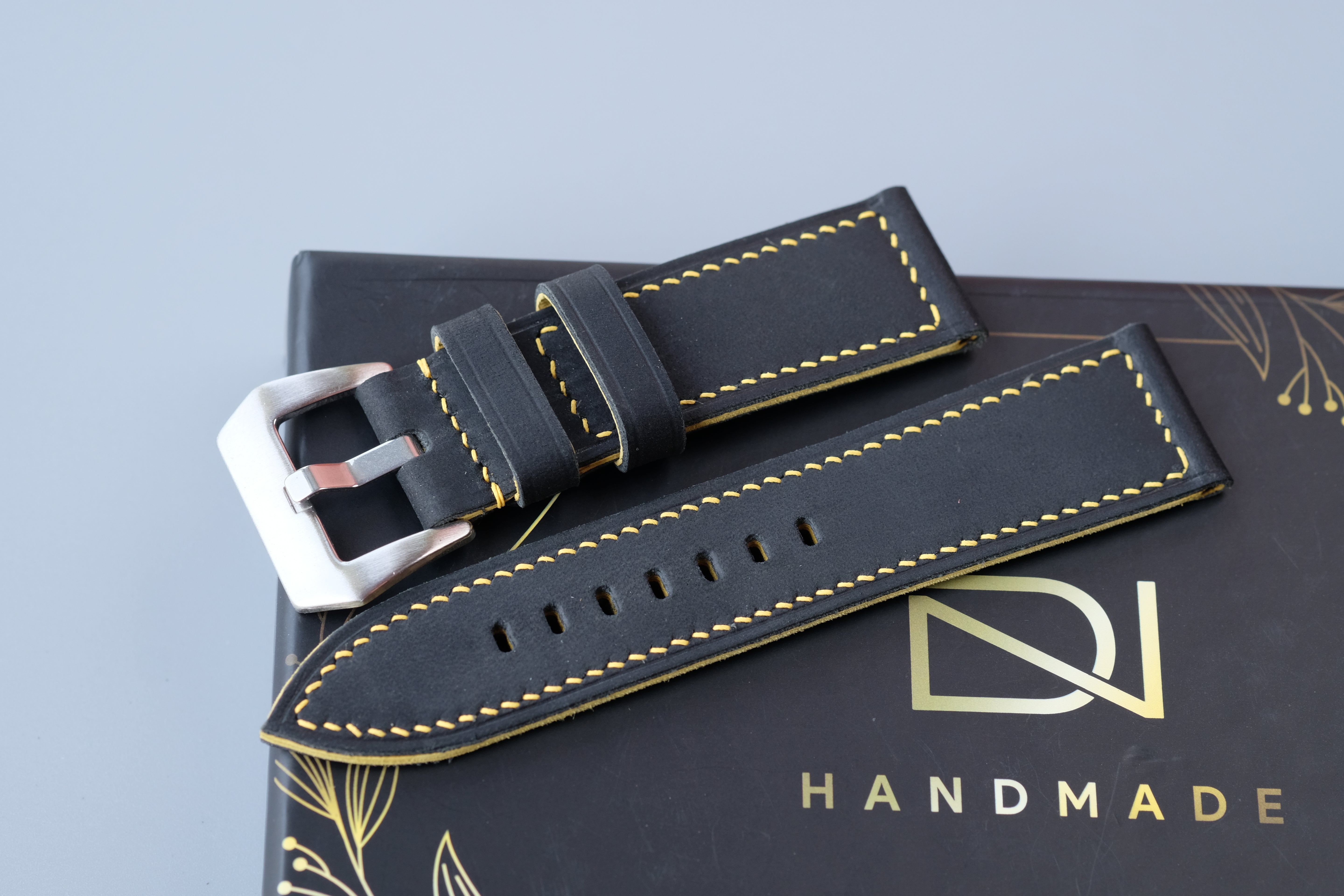 Black Waxed Cowhide Leather Watch Strap – Handmade – Compatible with Panerai Watches