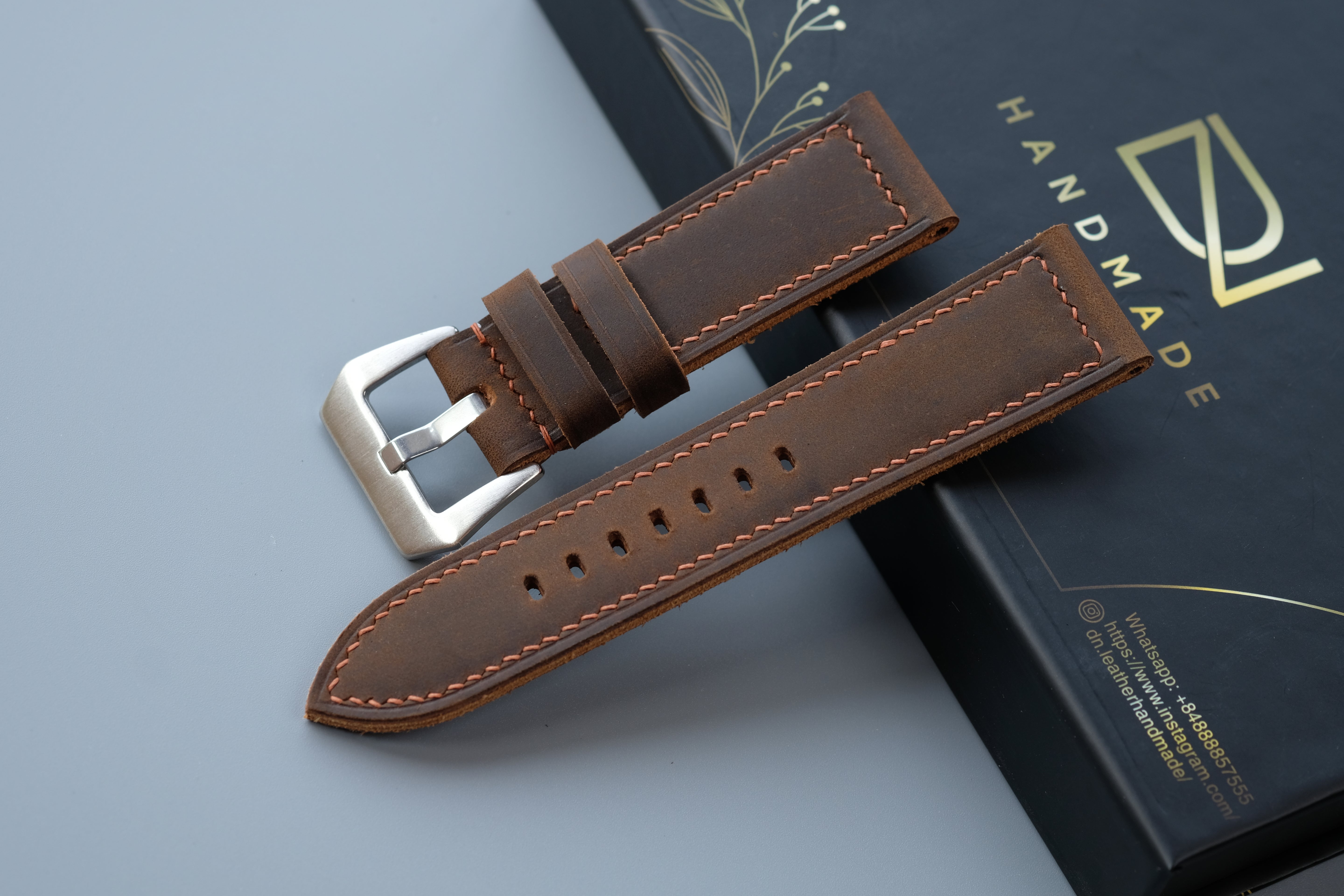 Brown Waxed Cowhide Leather Watch Strap – Handmade – Compatible with Panerai Watches
