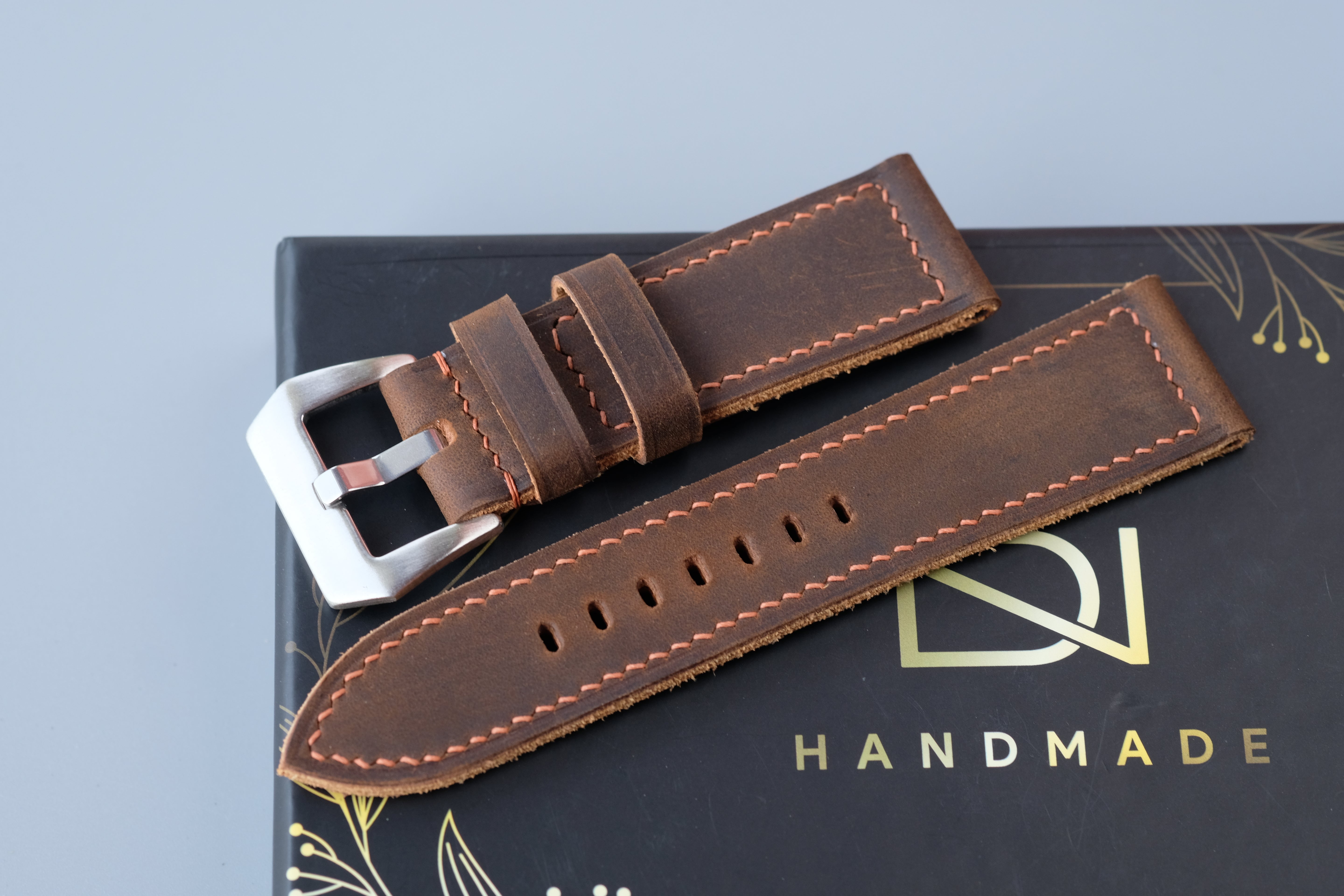 Brown Waxed Cowhide Leather Watch Strap – Handmade – Compatible with Panerai Watches