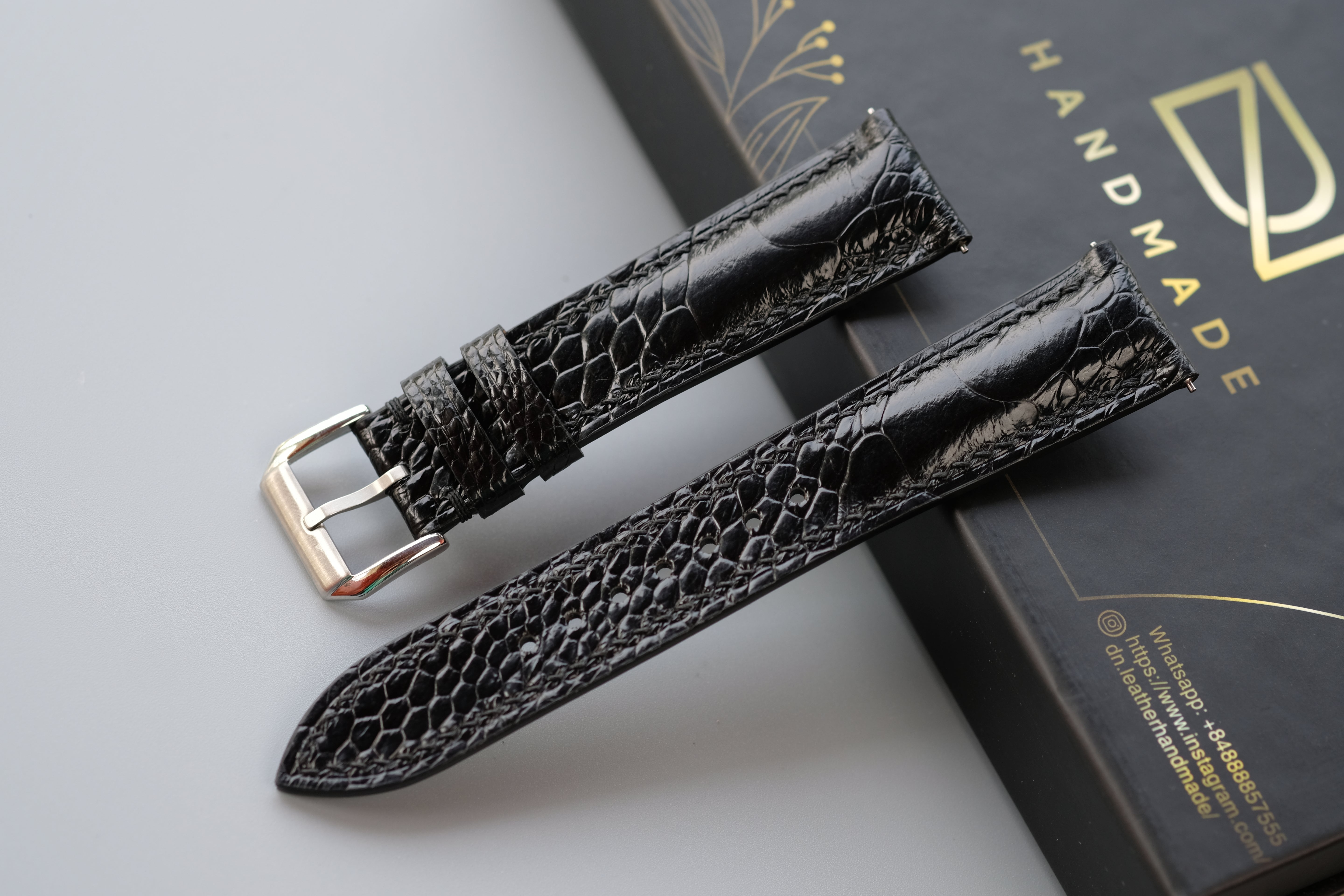 Black Ostrich Leather Watch Strap – Custom Sizes 10mm to 26mm