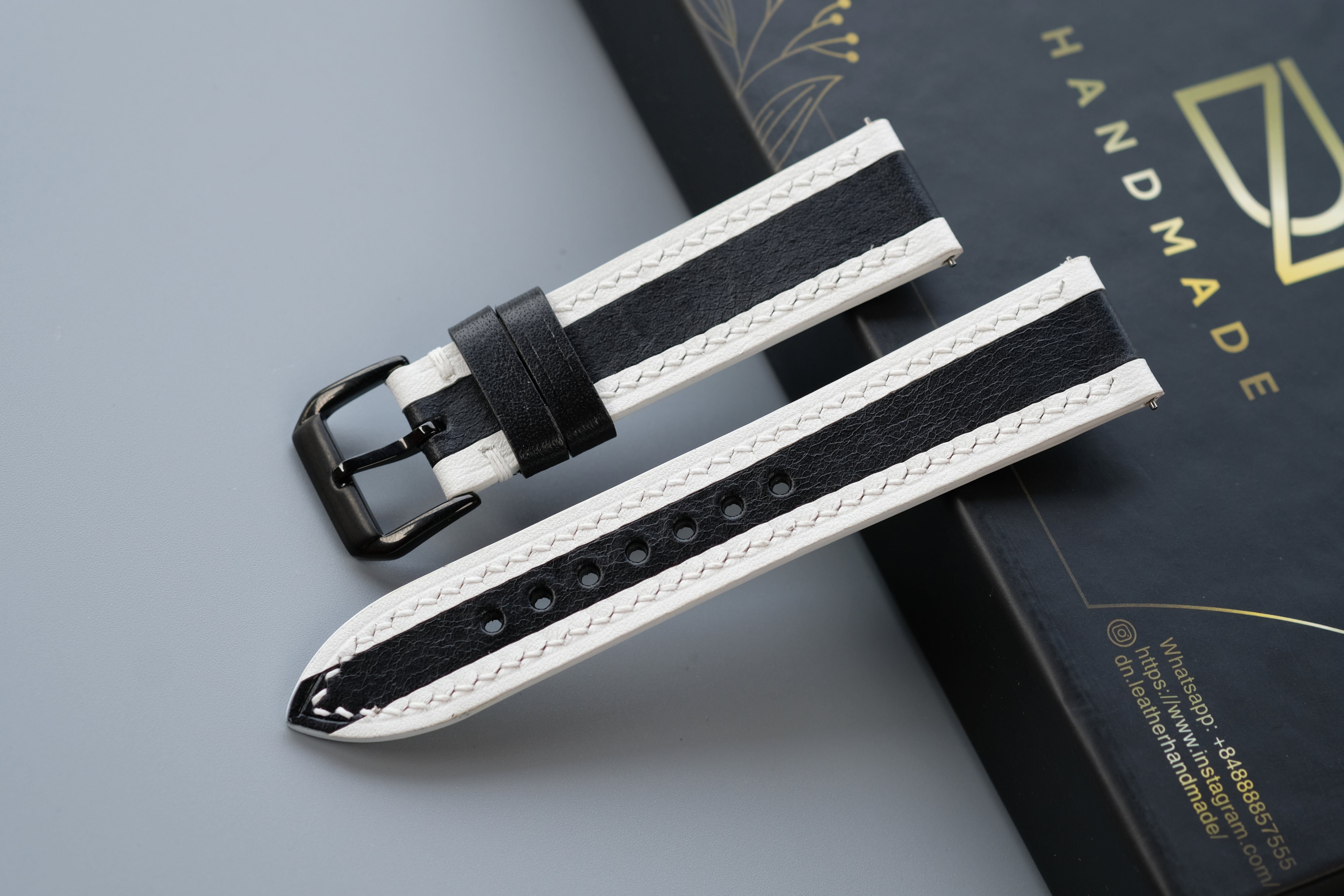 Black Mixed White Calf Leather Watch Strap