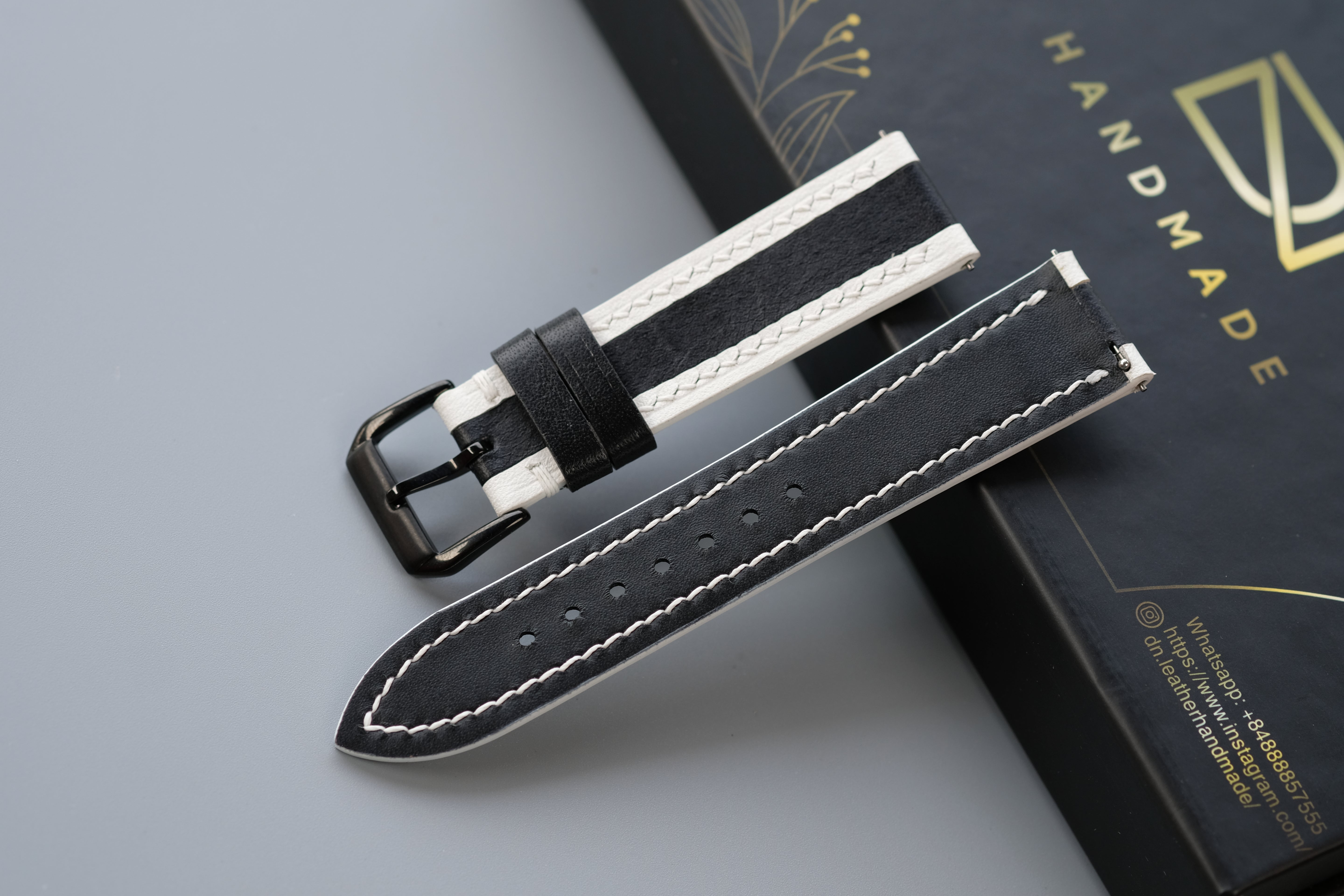 Black Mixed White Calf Leather Watch Strap