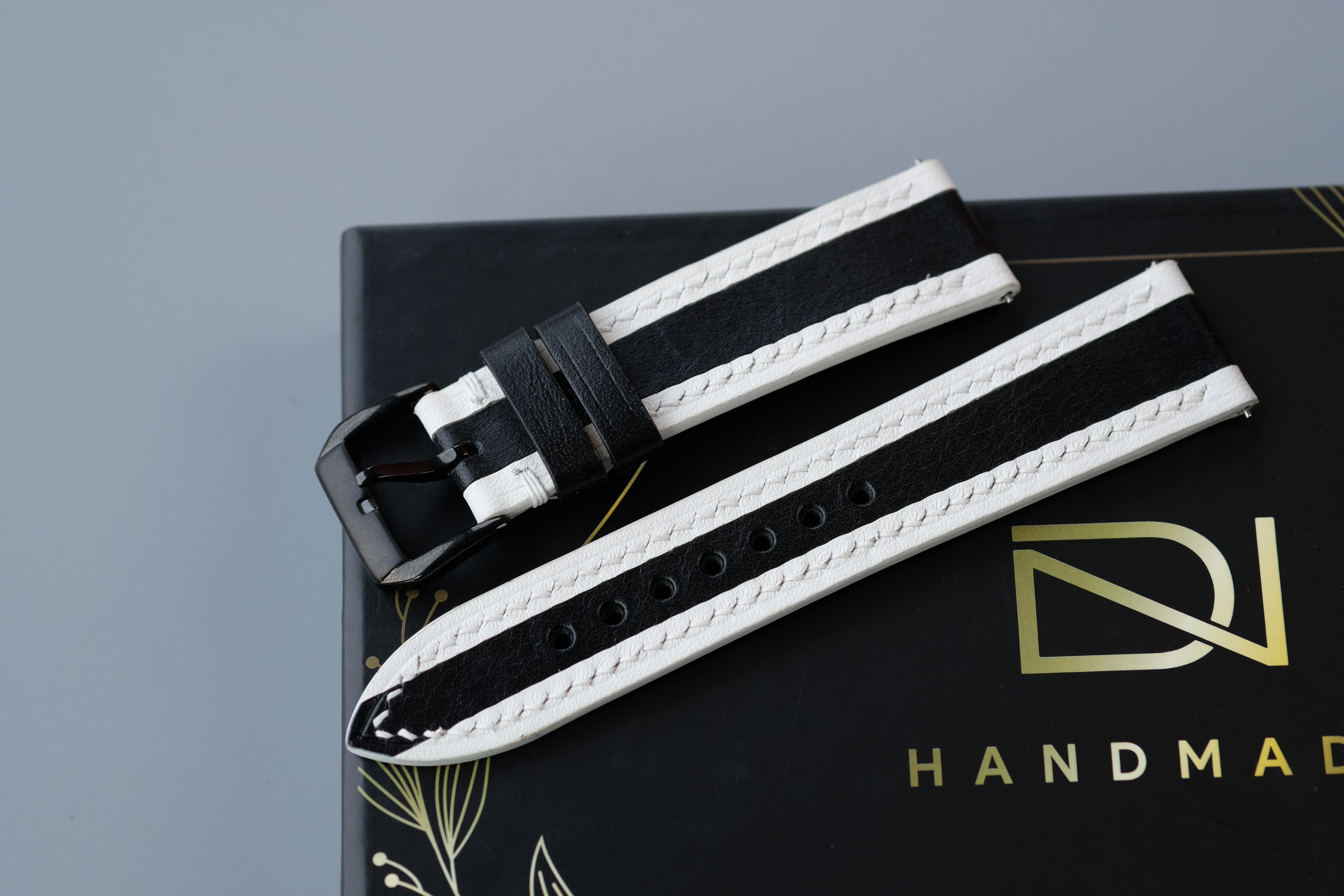 Black Mixed White Calf Leather Watch Strap