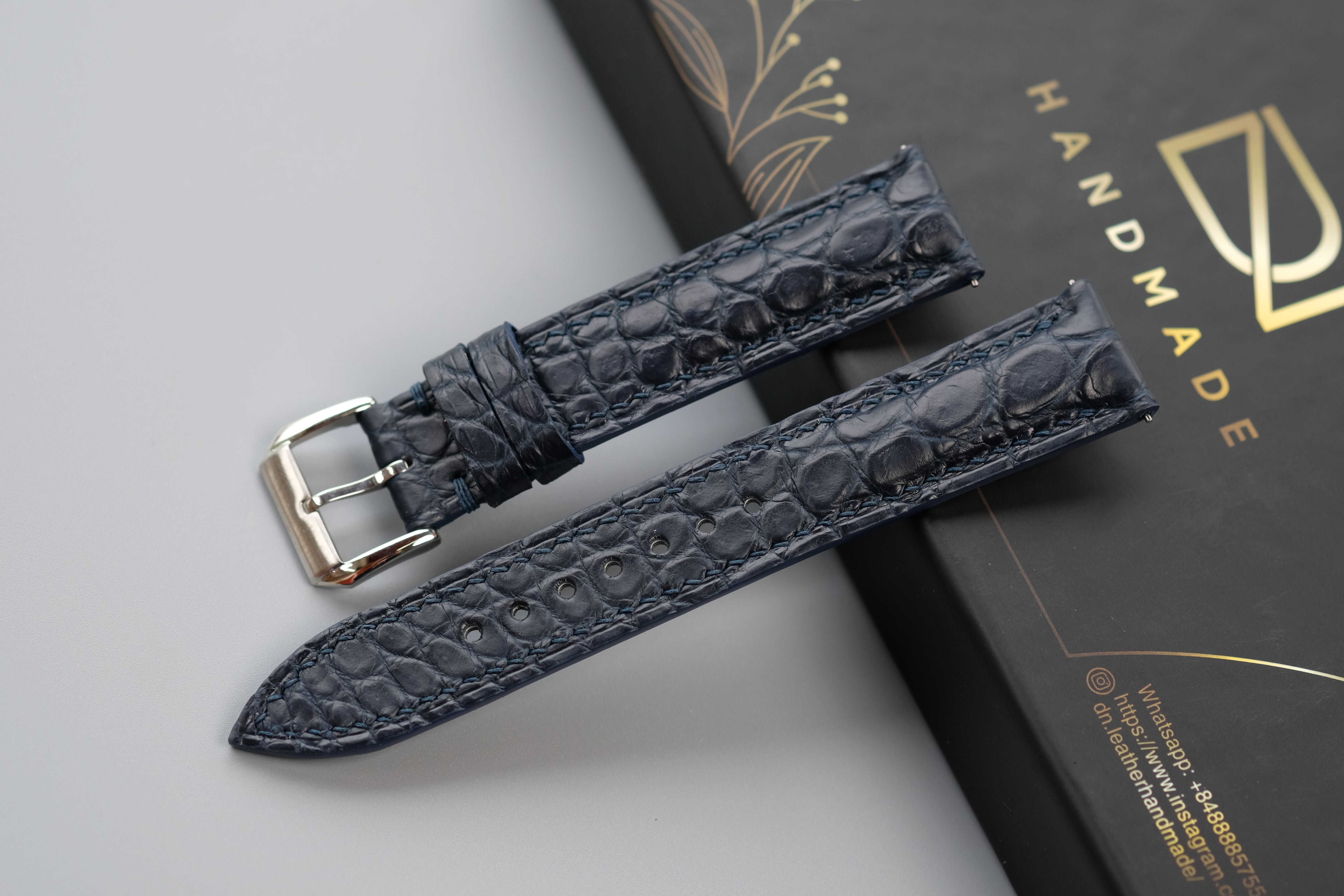 Dark Navy Crocodile Leather Watch Strap – Custom Sizes 10mm to 26mm