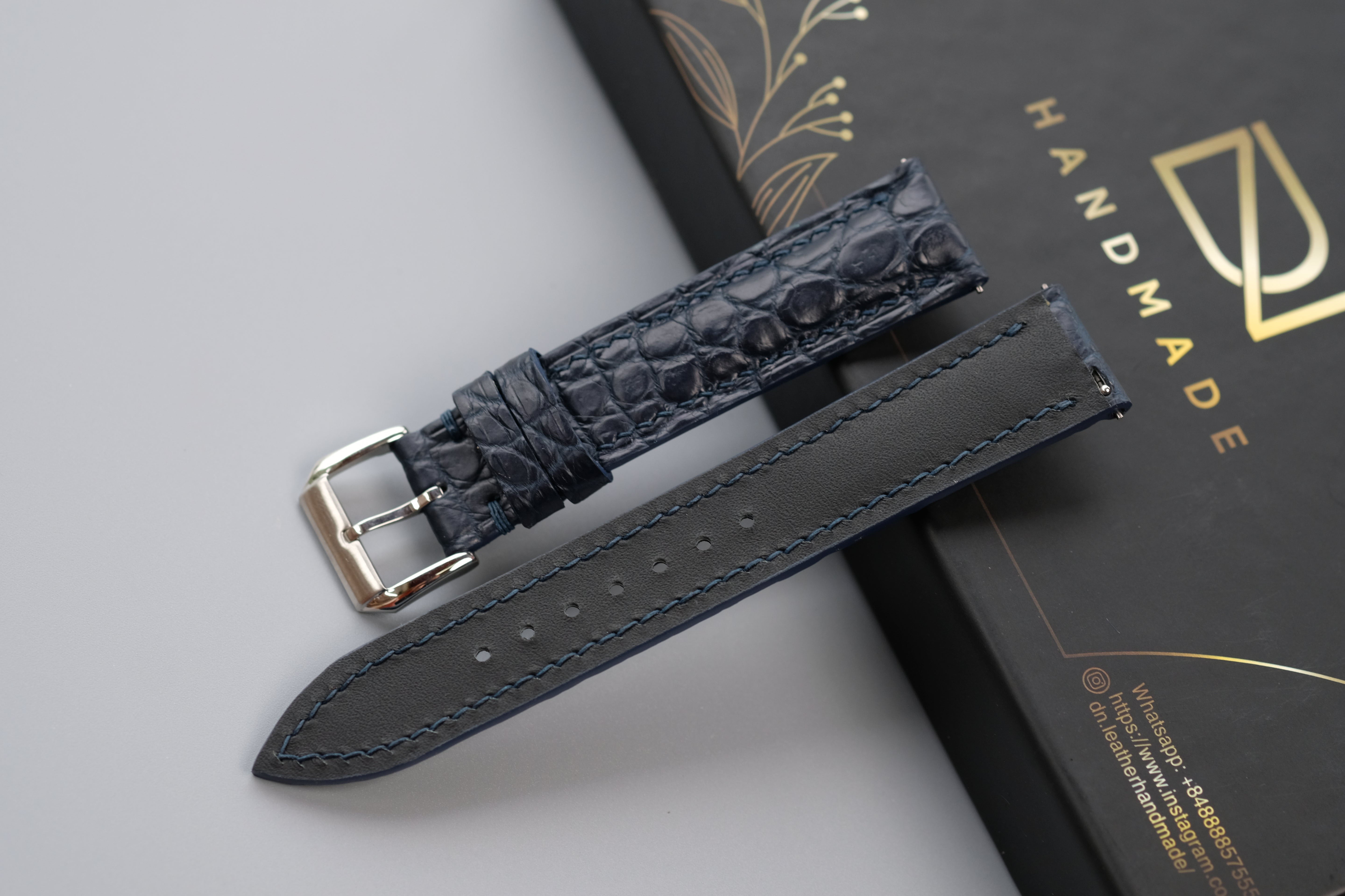 Dark Navy Crocodile Leather Watch Strap – Custom Sizes 10mm to 26mm