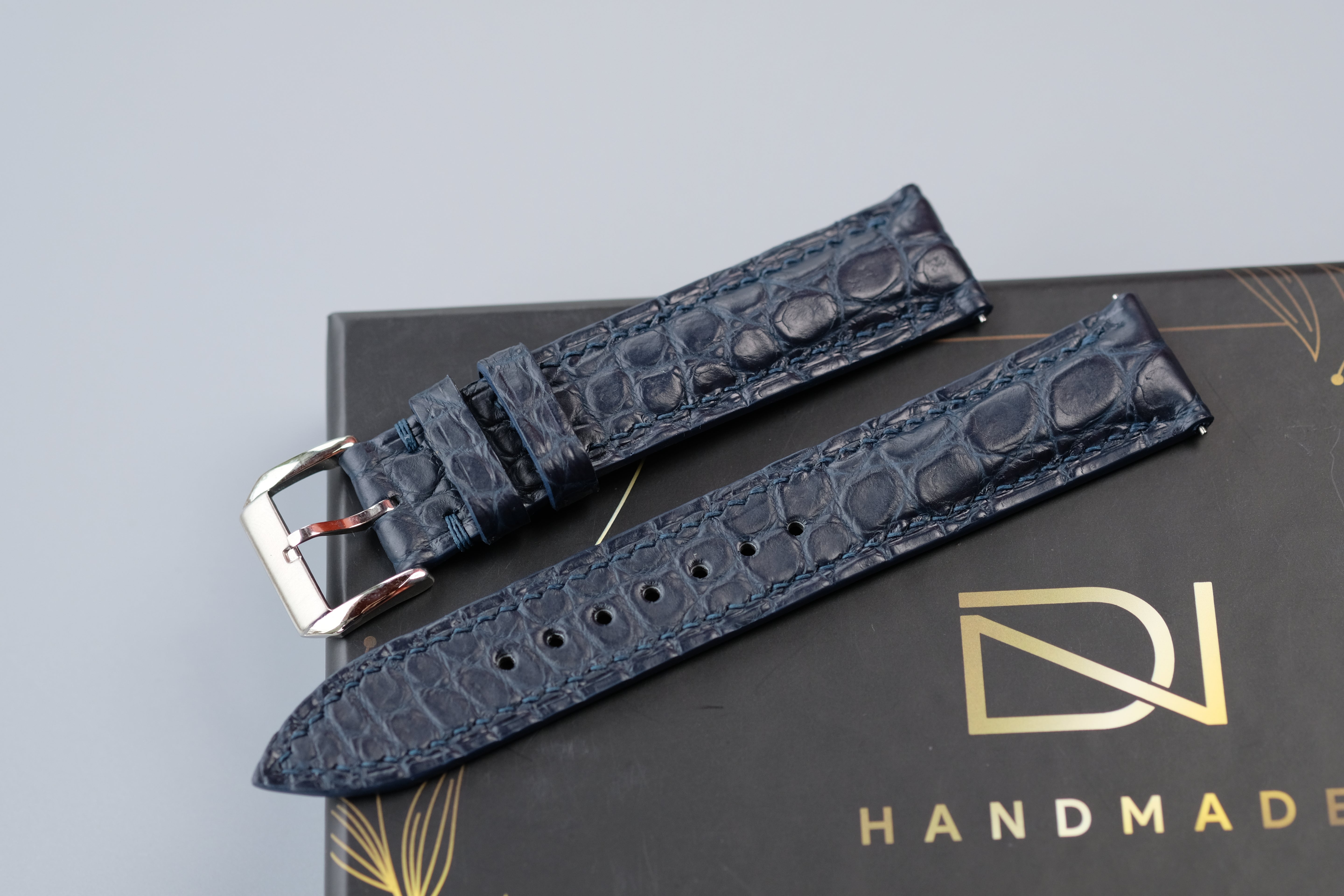 Dark Navy Crocodile Leather Watch Strap – Custom Sizes 10mm to 26mm