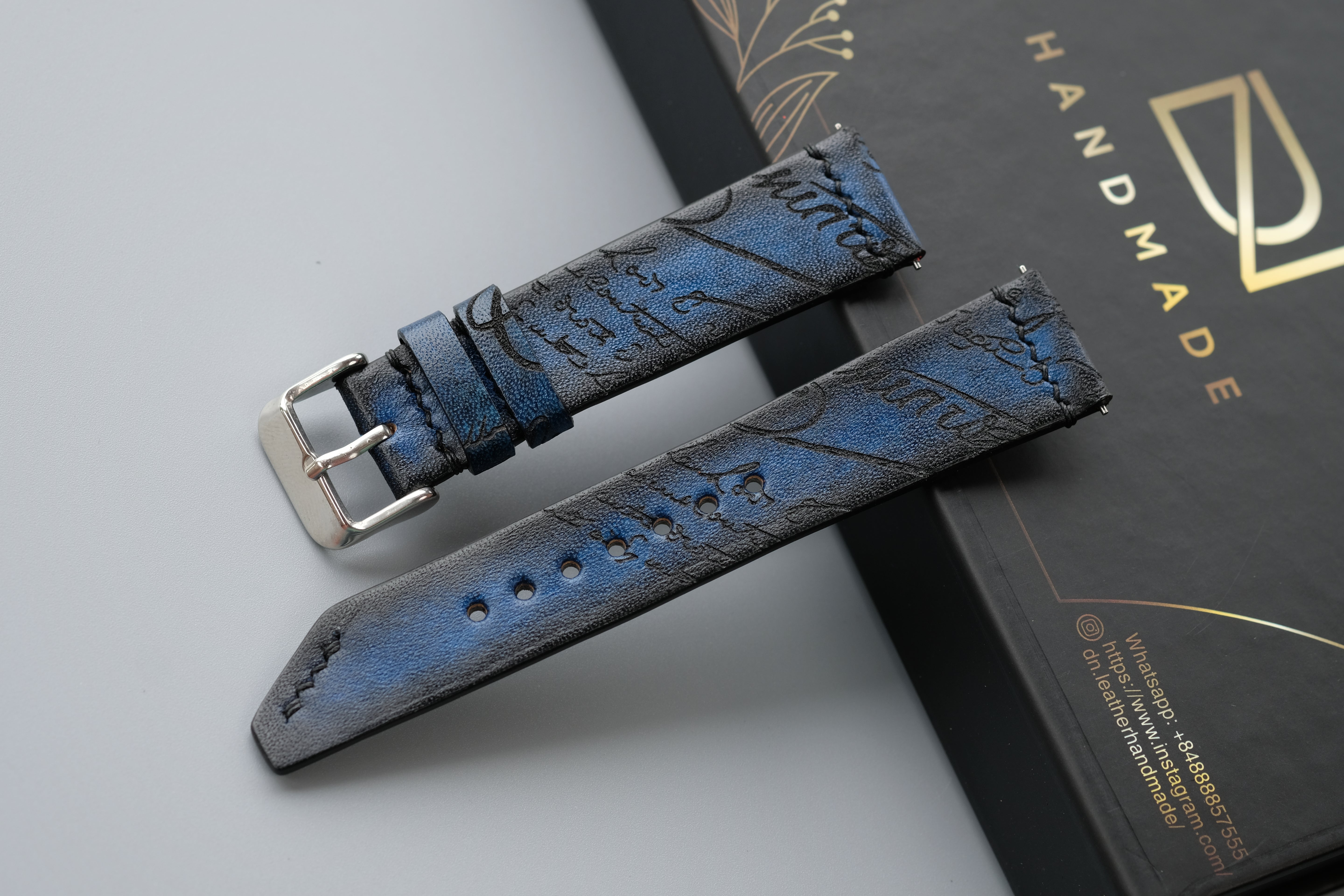 Blue Veg-Tan Leather Watch Strap – Custom Sizes 10mm to 26mm