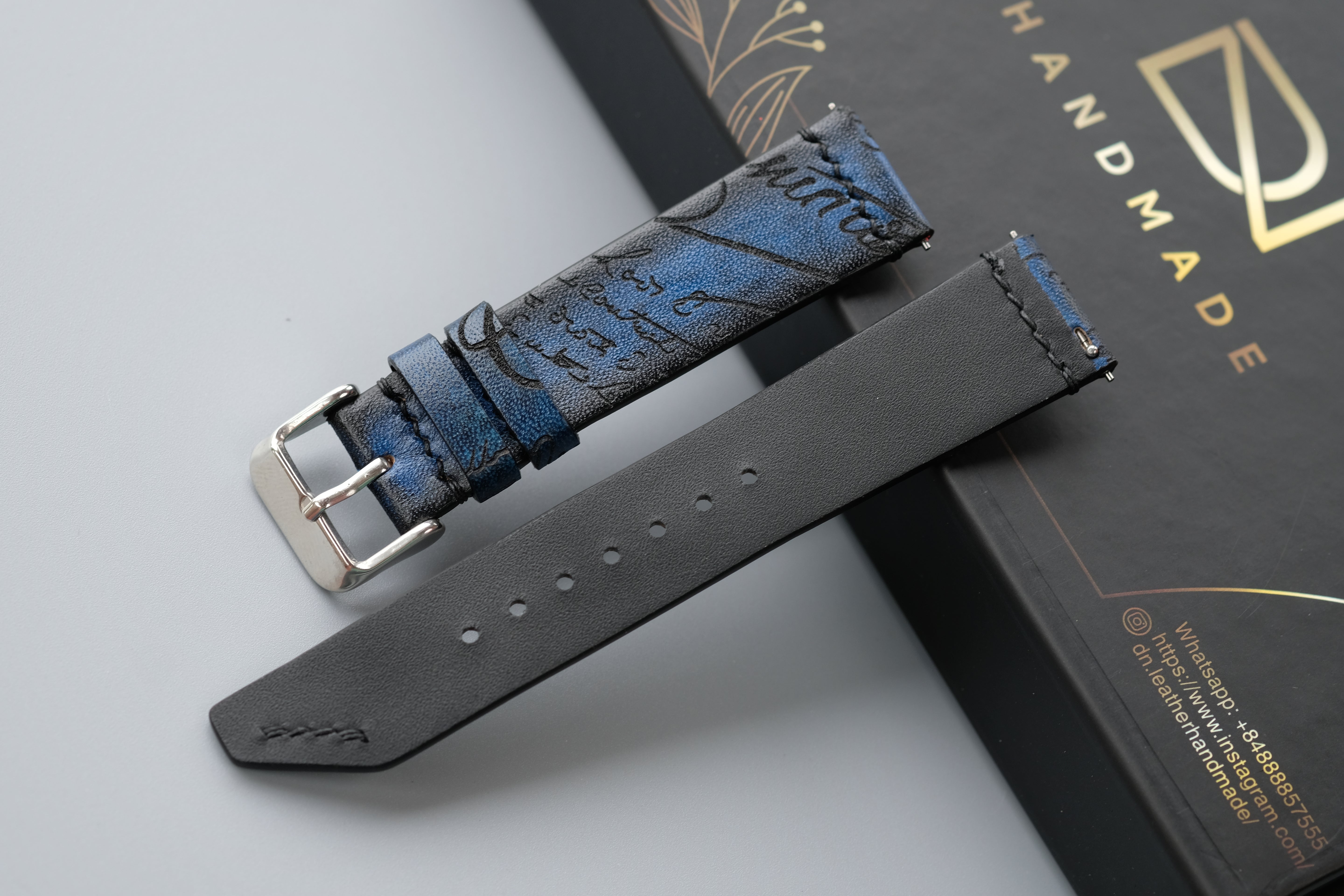 Blue Veg-Tan Leather Watch Strap – Custom Sizes 10mm to 26mm