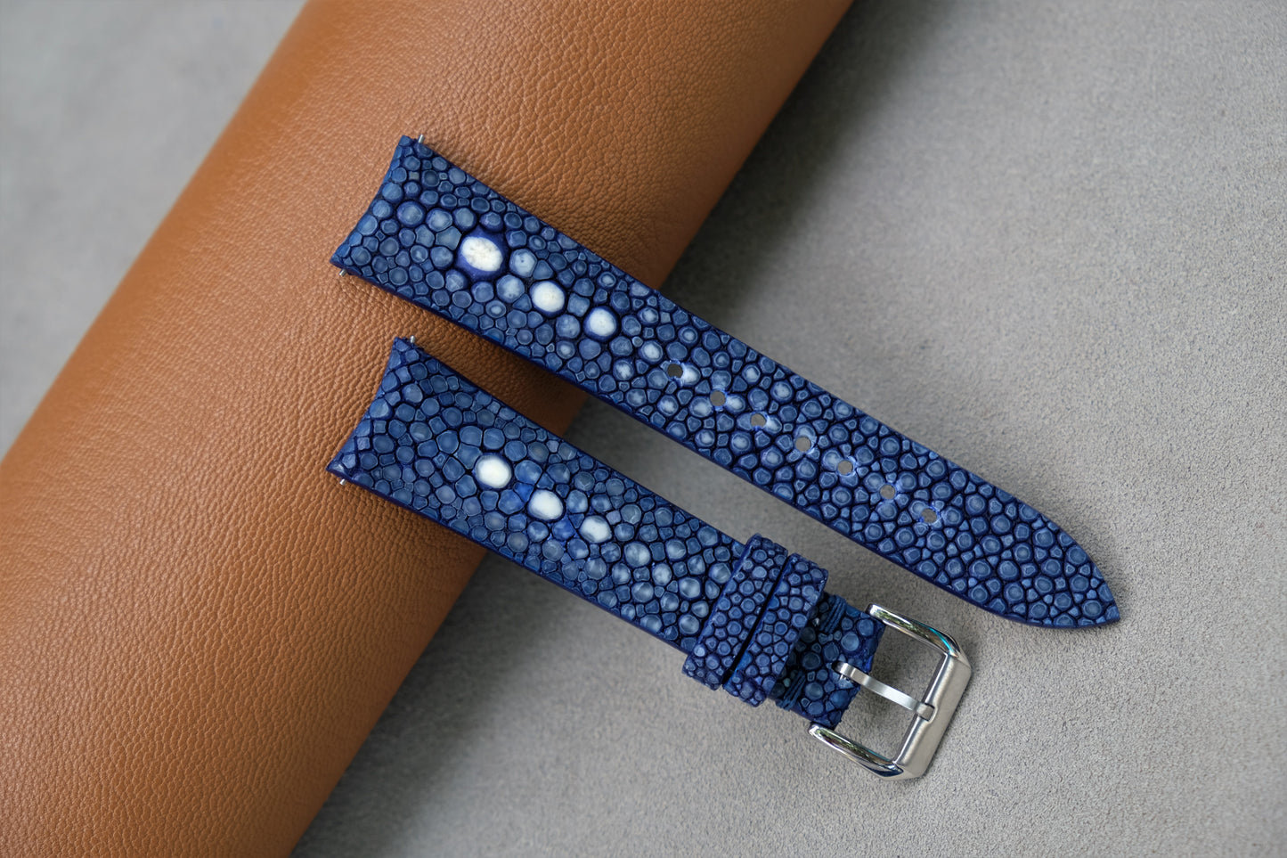 Curved Lugs ,Dark Blue Stingray Watch Strap 2 Pearl In The Center