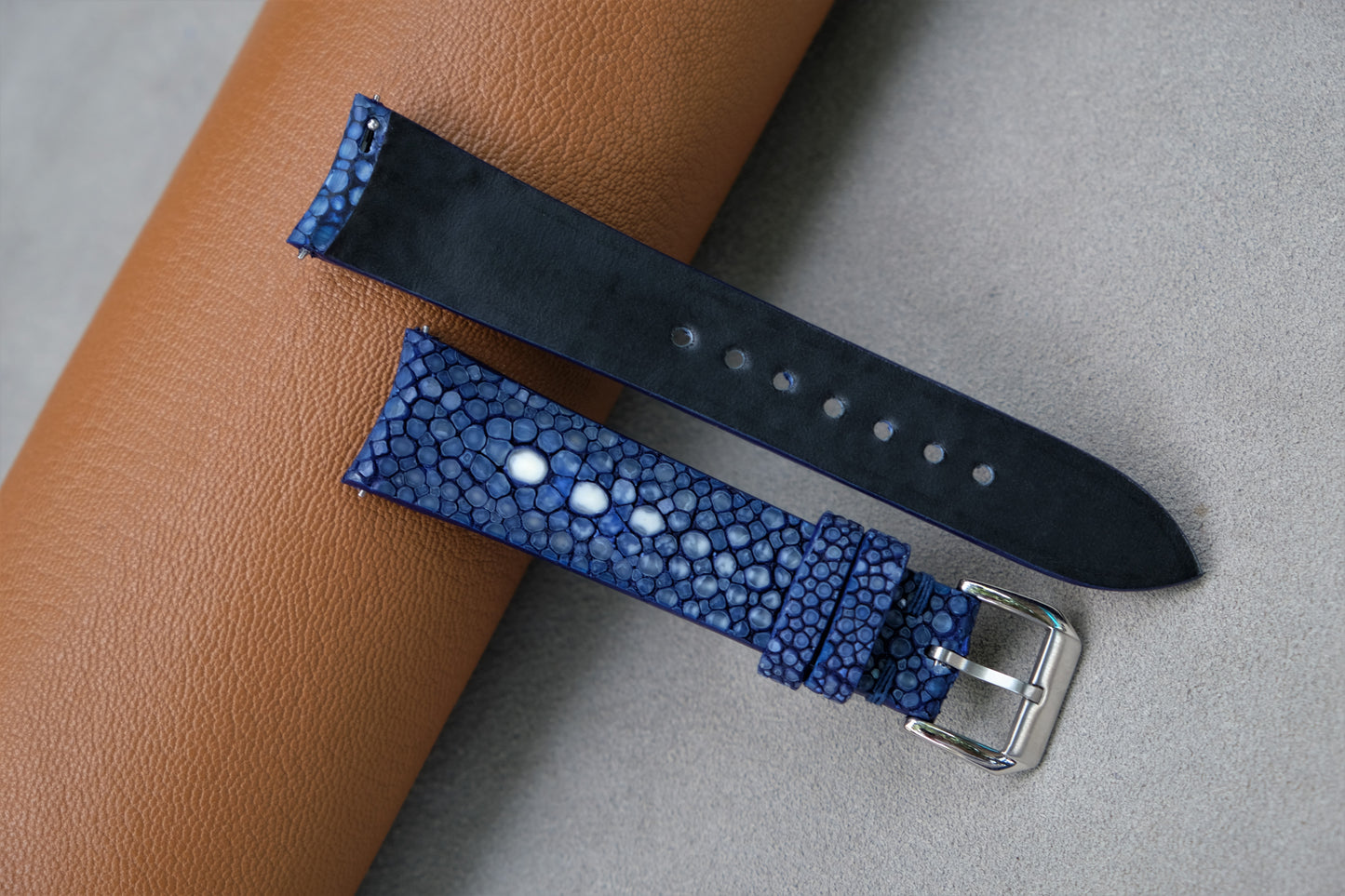 Curved Lugs ,Dark Blue Stingray Watch Strap 2 Pearl In The Center