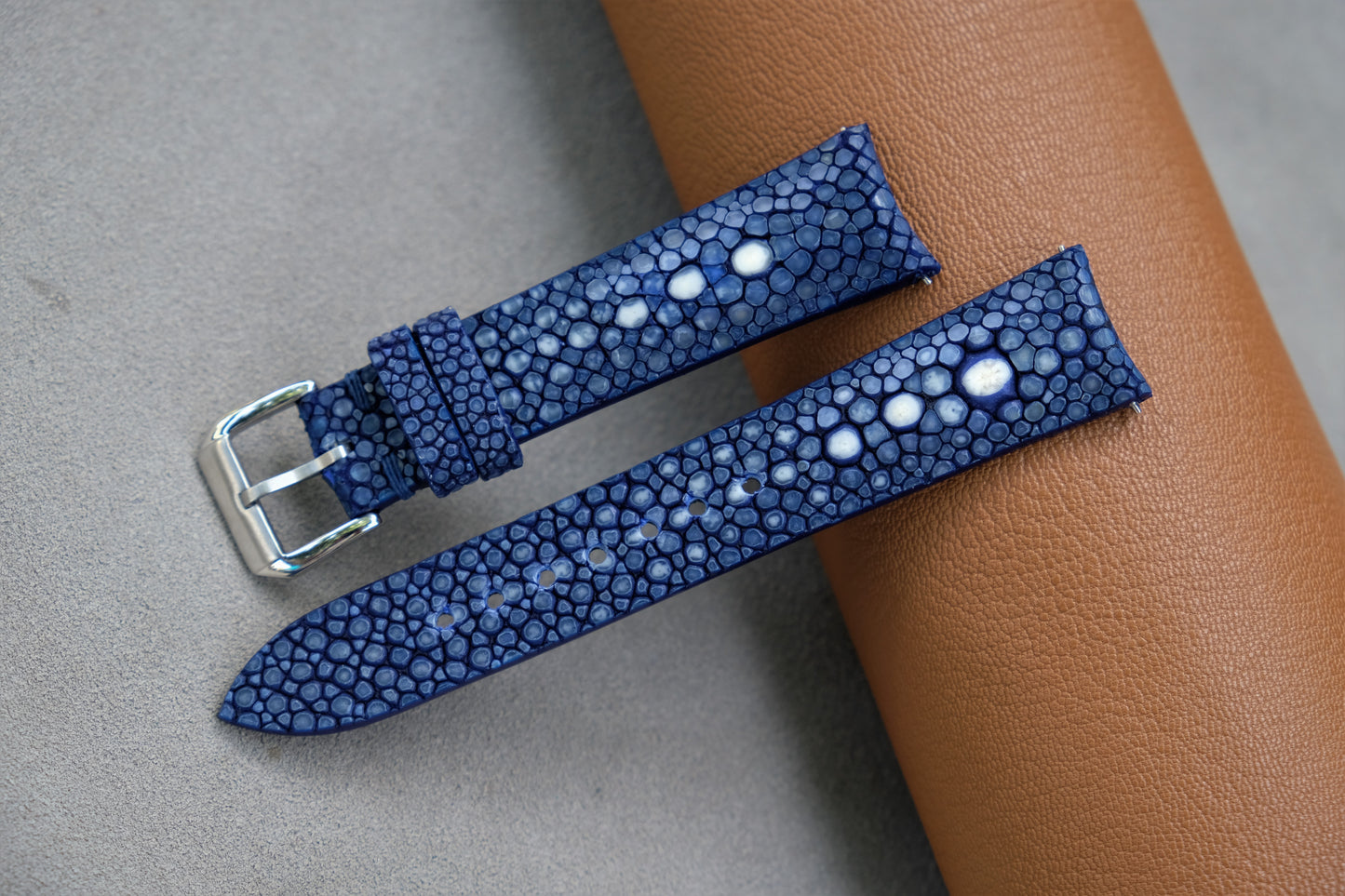 Curved Lugs ,Dark Blue Stingray Watch Strap 2 Pearl In The Center