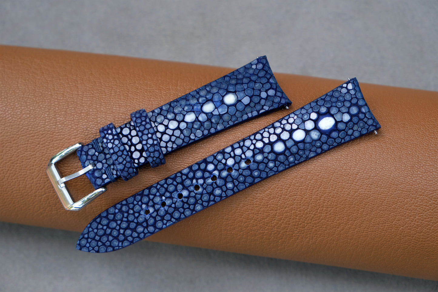 Curved Lugs ,Dark Blue Stingray Watch Strap 2 Pearl In The Center