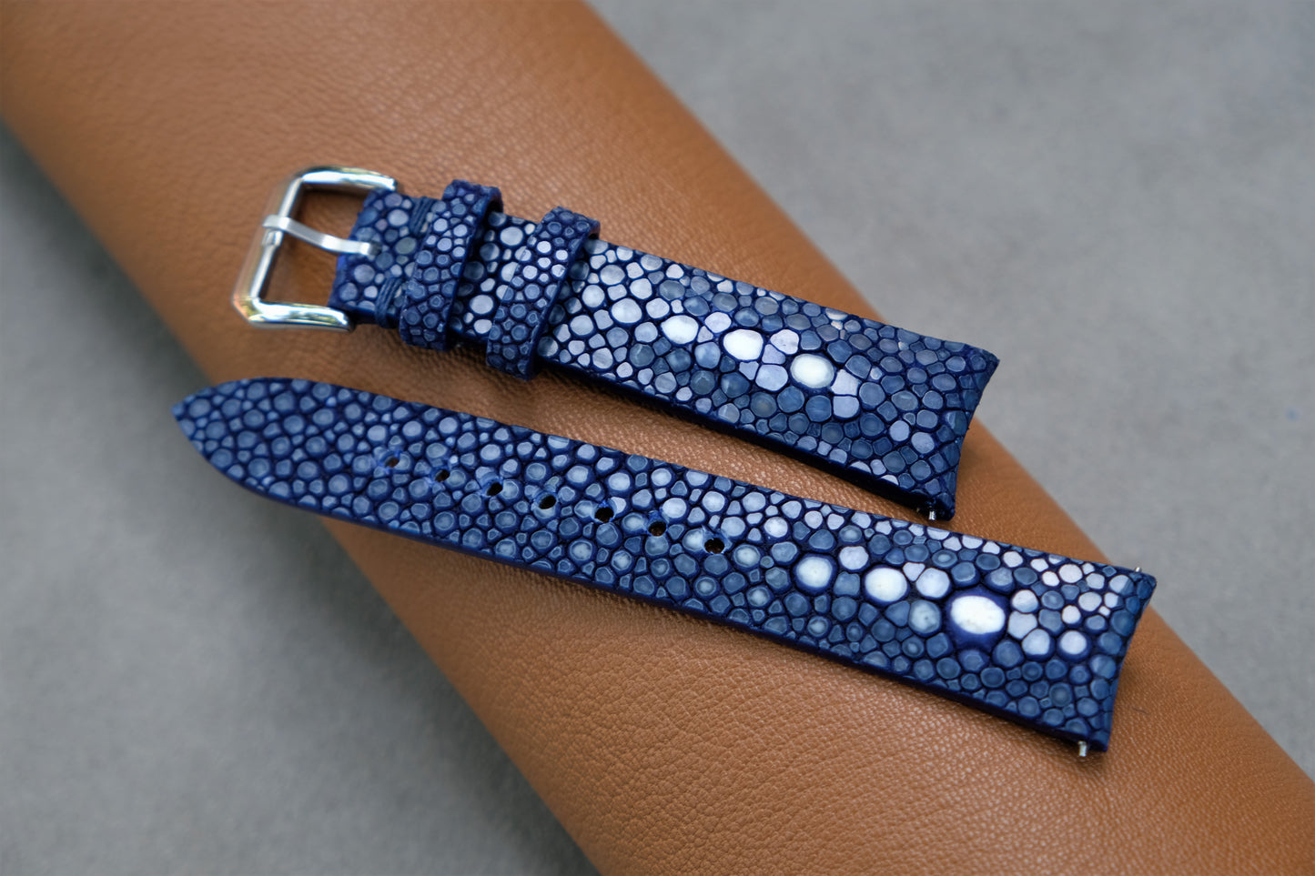 Curved Lugs ,Dark Blue Stingray Watch Strap 2 Pearl In The Center