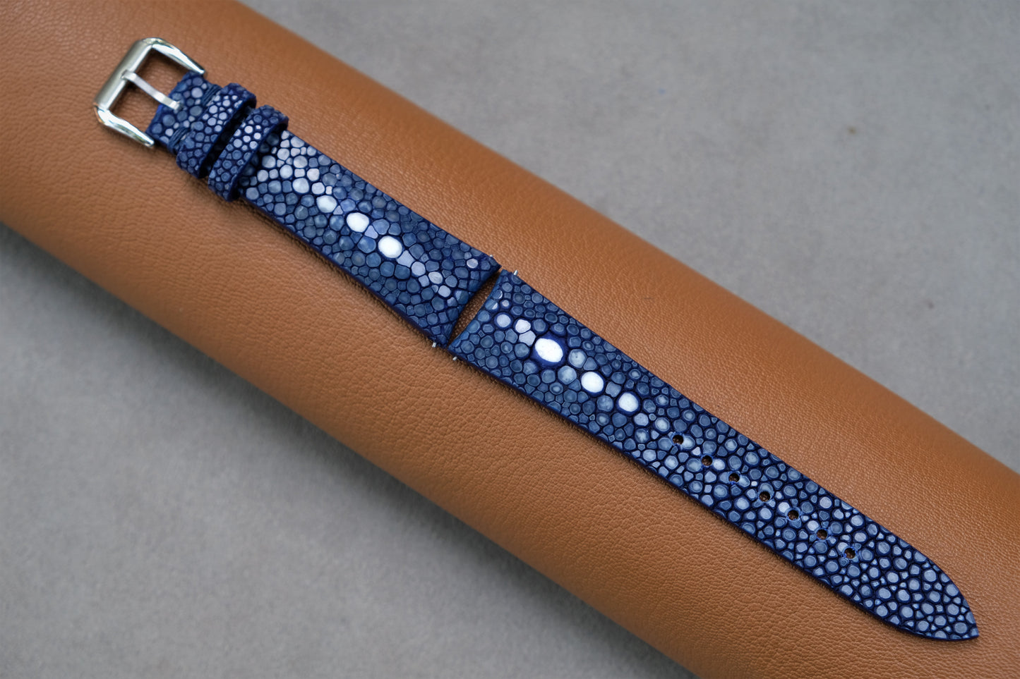 Curved Lugs ,Dark Blue Stingray Watch Strap 2 Pearl In The Center